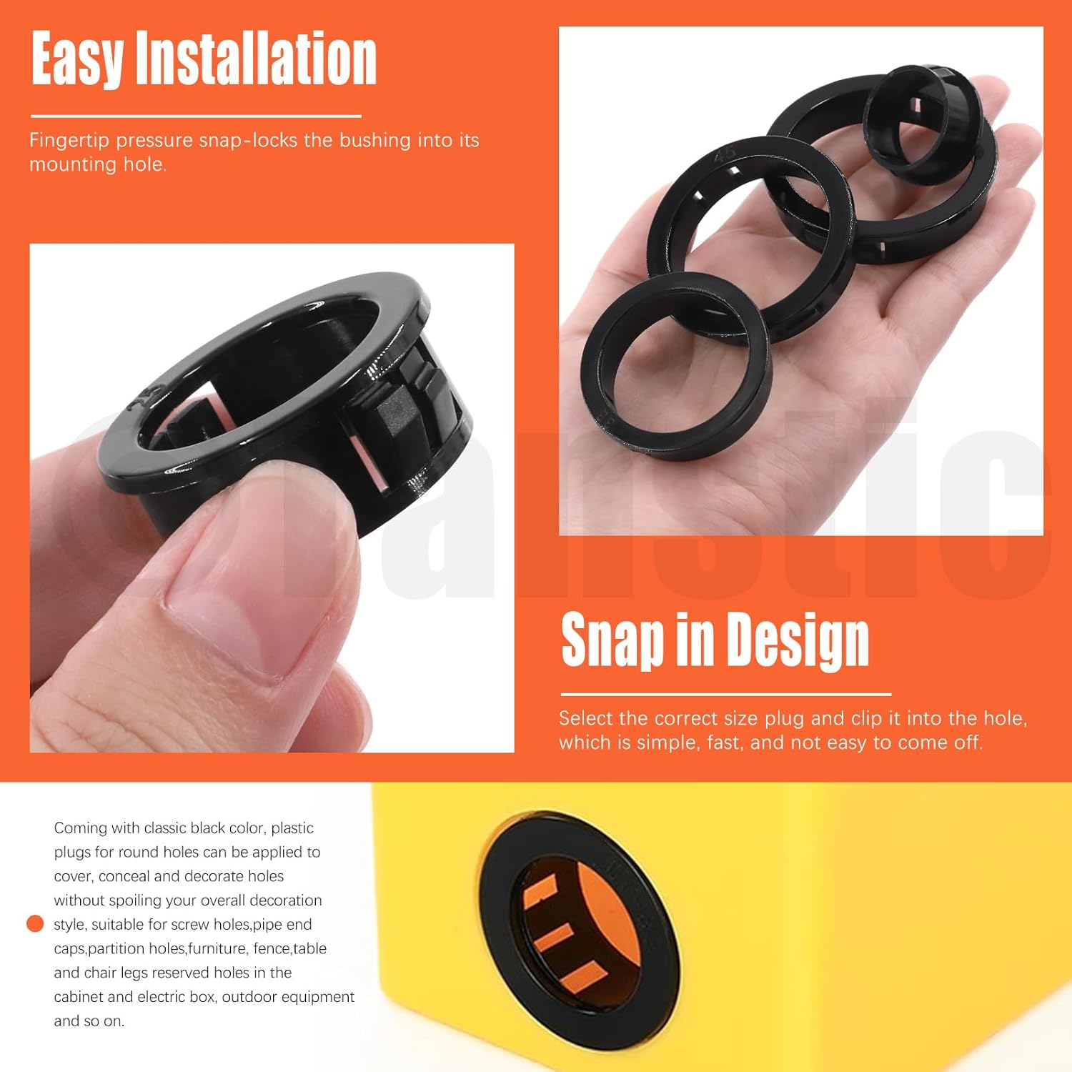 Tanstic 73Pcs 4 Sizes Cable Snap Bushing Grommets Kit, Black Nylon Snap in Cable Hose Bushing Grommet Protector, round Cable Snap Bushing Hole Plugs Locking Bushing- 1&rdquo;, 1-1/2&rdquo;, 1-3/4&rdquo;, 2&rdquo; image number 5
