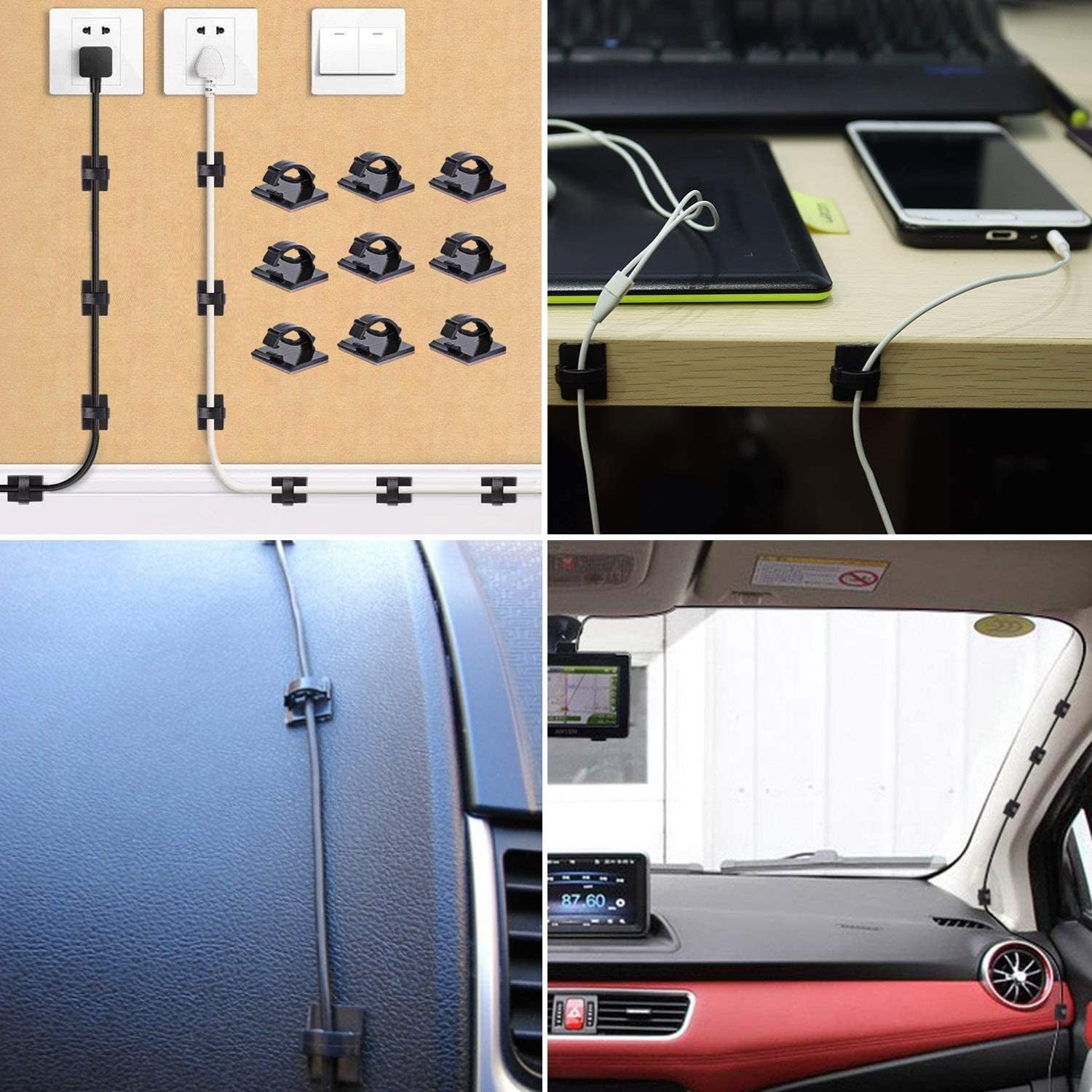 Adhesive Cable Clips, 100 Pieces Cable Clip, Cord Holder, Strong Back-Glue Self Adhesive Wire Clips Cable Wire Management Wire Cable Holder Clamps Cable Tie Holder for Car, Office and Home image number 2