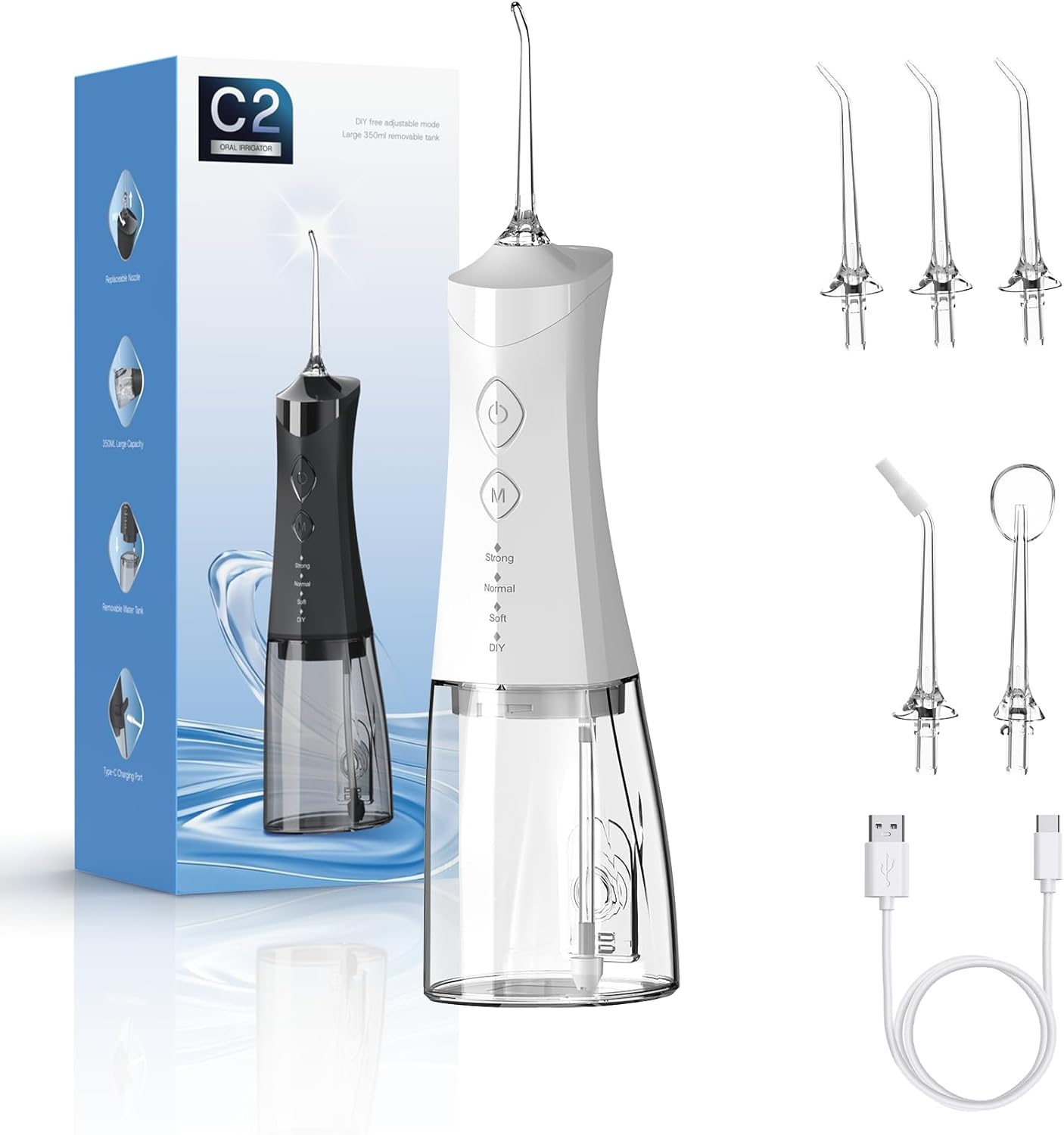 Water Dental Flosser,Water Dental Flosser Pick for Teeth,4 Modes Rechargeable Cordless Oral Irrigator 350Ml Water Tank Teeth Cleaner IPX7 Waterproof. White