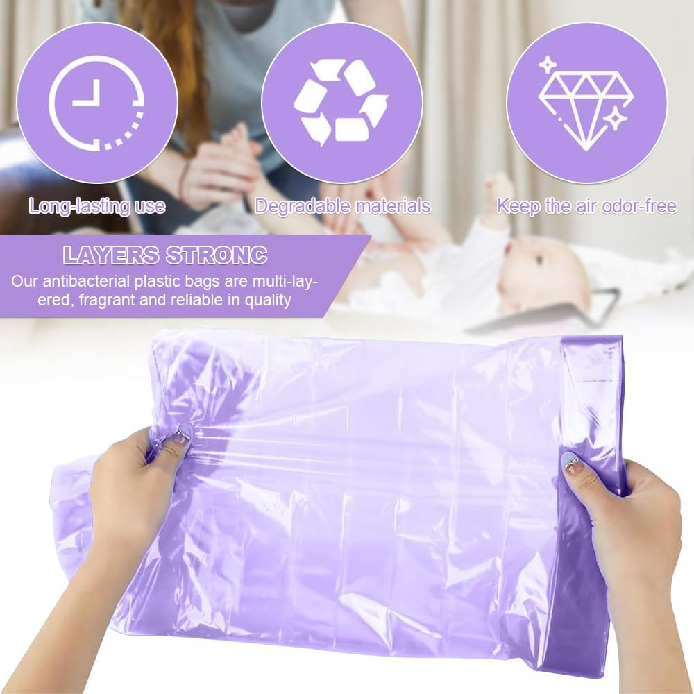 Nappy Bin Refills, 6PCS Diaper Pail Refill Bags Set, Diaper Bin Pail Disposal Bags 4.5M Long Compatible with Angelcare and Spross Diaper, Twist & Click and All Others(Purple)