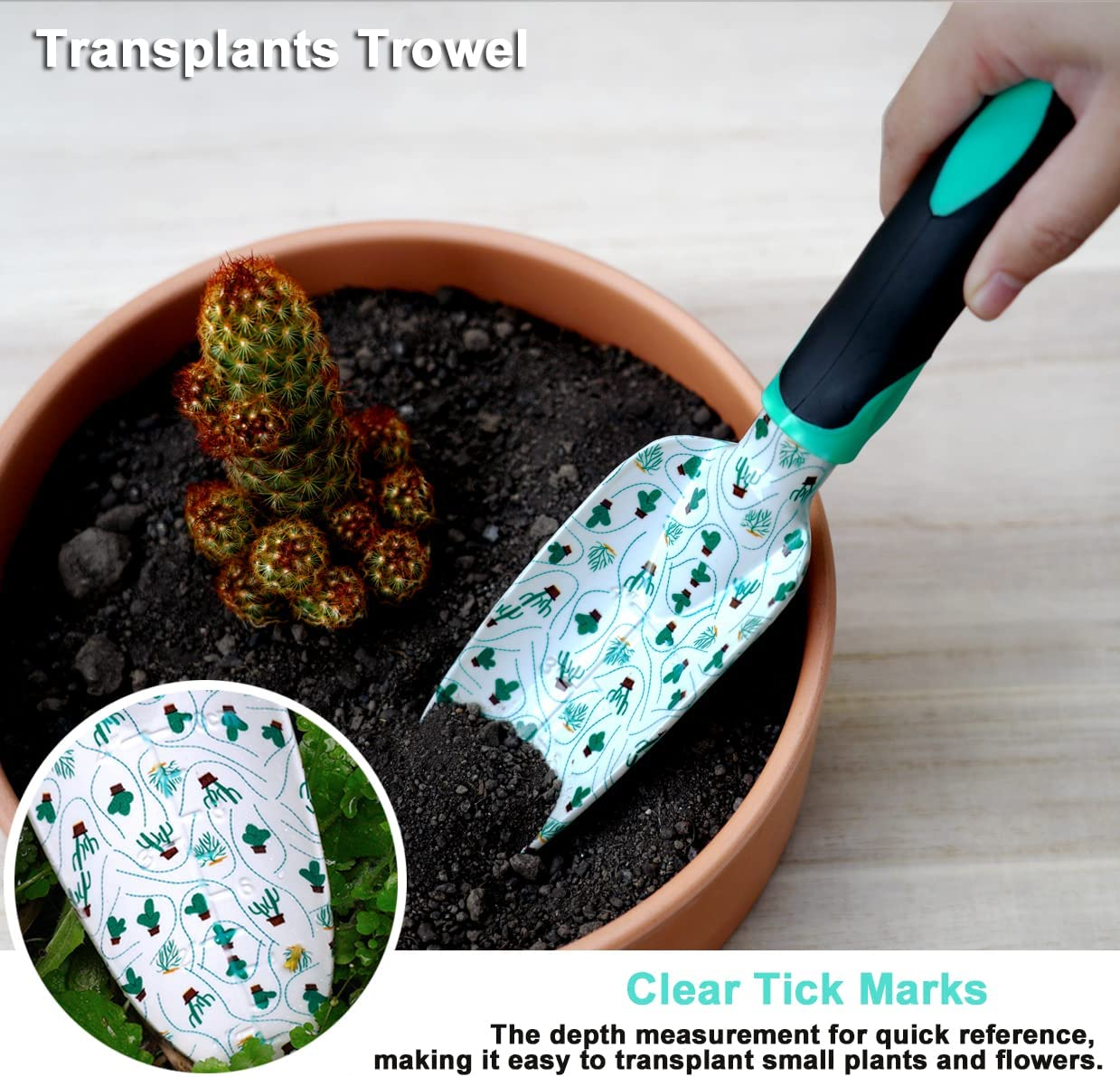 ESOW Garden Tool Set with Non-Slip Rubber Handle, 3 Piece Cast-Aluminum Heavy Duty Gardening Kit Includes Hand Trowel, Transplant Trowel and Cultivator Hand Rake, Cactus Pattern Printed image number 2