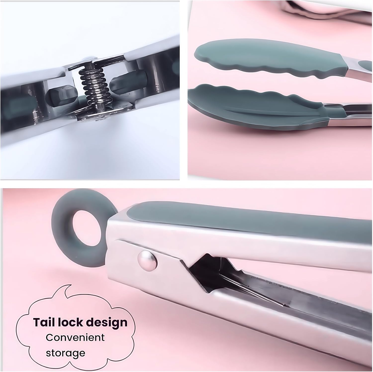 Kitchen Tongs Set of 3, Heat Resistant 250&deg;C, Stainless Steel with Silicone Tips, 21/26/32 Cm, Grey-Green
