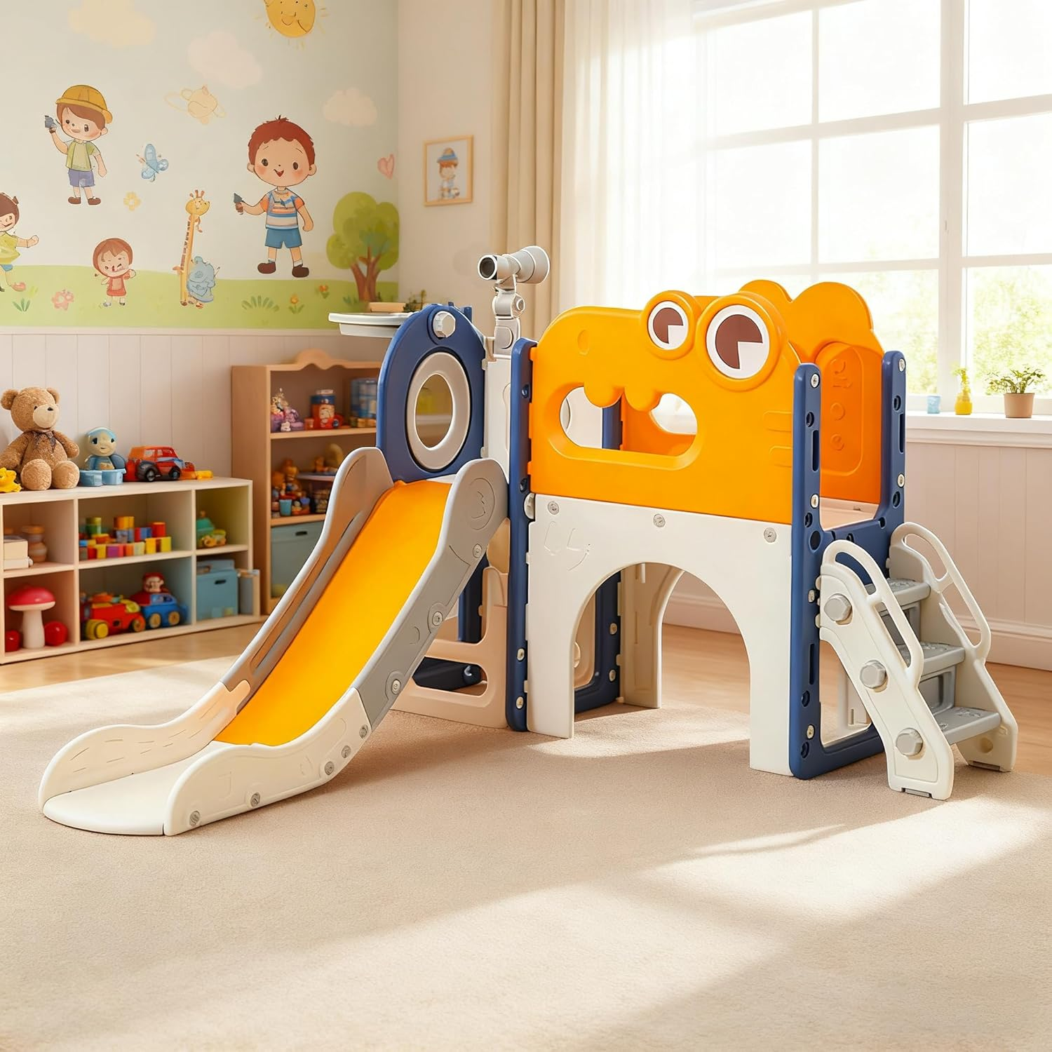 Kids Slide Set Toddler Slide Playset Dinosaur Bus-Themed Includes Toy Telescope Tunnel Storage Basketball Hoop & Ball Extra Long Slides for Kids Indoor Outdoor Playground (Yellow-8In1) image number 1