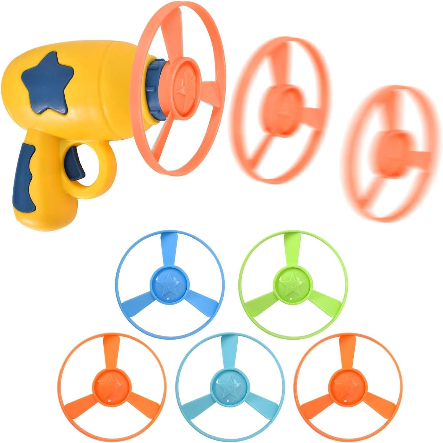 Cat Fetch Toy, Colourful Flying Propeller Disc Cat Toy Chasing Saucer with 1 Launchers, 5 Propellers Random Colour for Interactivity Training Hunting Hitting Pet Toy (Yellow)