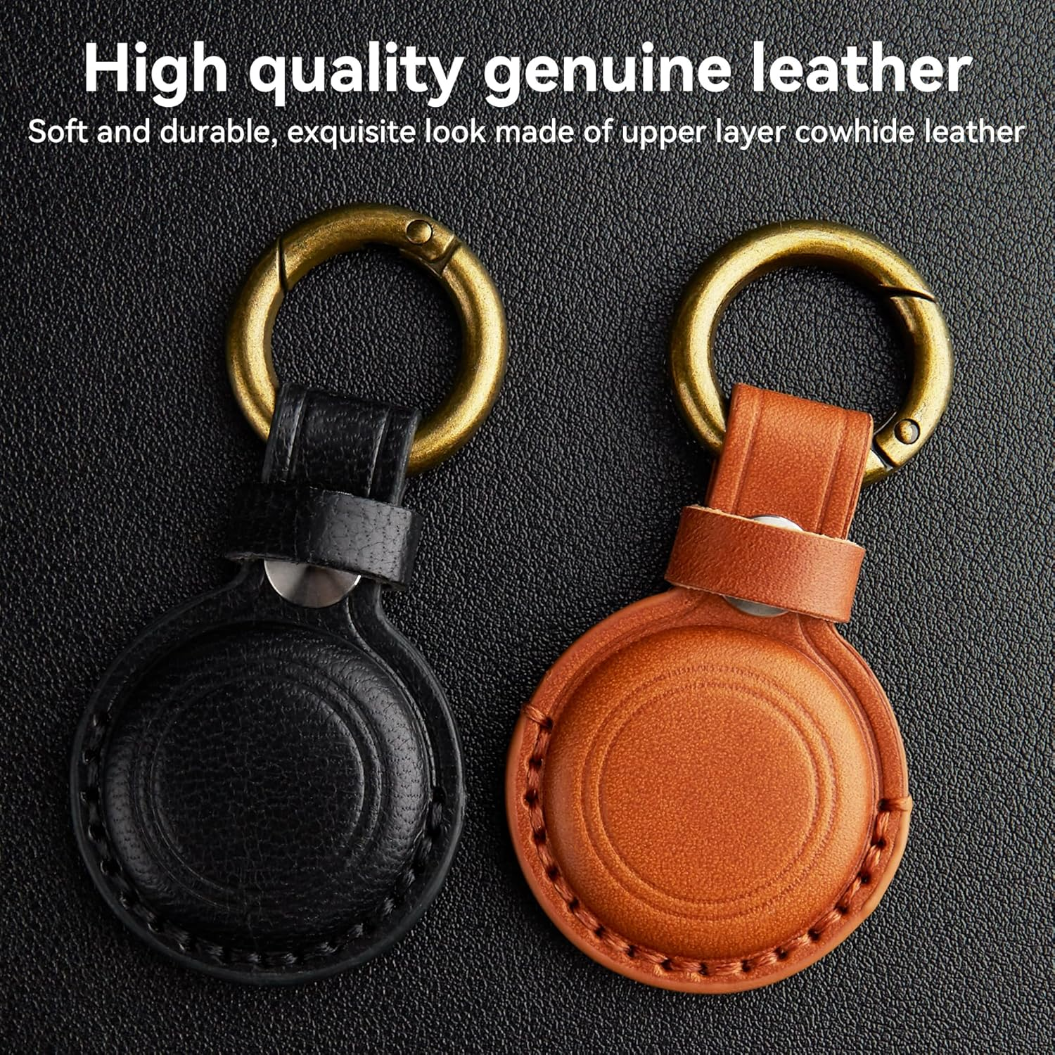 [1 Pack] Keychain Holder Case for Airtag, Genuine Leather for Airtag Holder with Keyring Hanging on Dog Collar Backpacks Wallet, Safety Anti-Lost Case Cover with Key（Black） image number 2