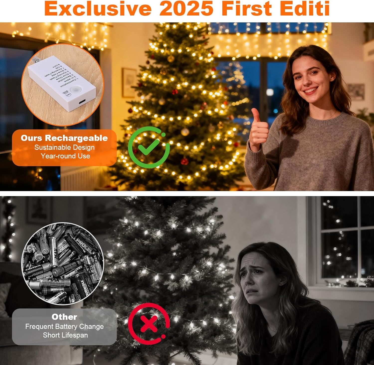 Jetuvlie Fairy Lights Battery Operated,Rechargeable 50 LED Twinkle Lights with Timer,Christmas Decorations Mini Indoor LED String Lights for Vine, Bedroom,Parties, Wedding,Deco(5M/16Ft Warm White) image number 6