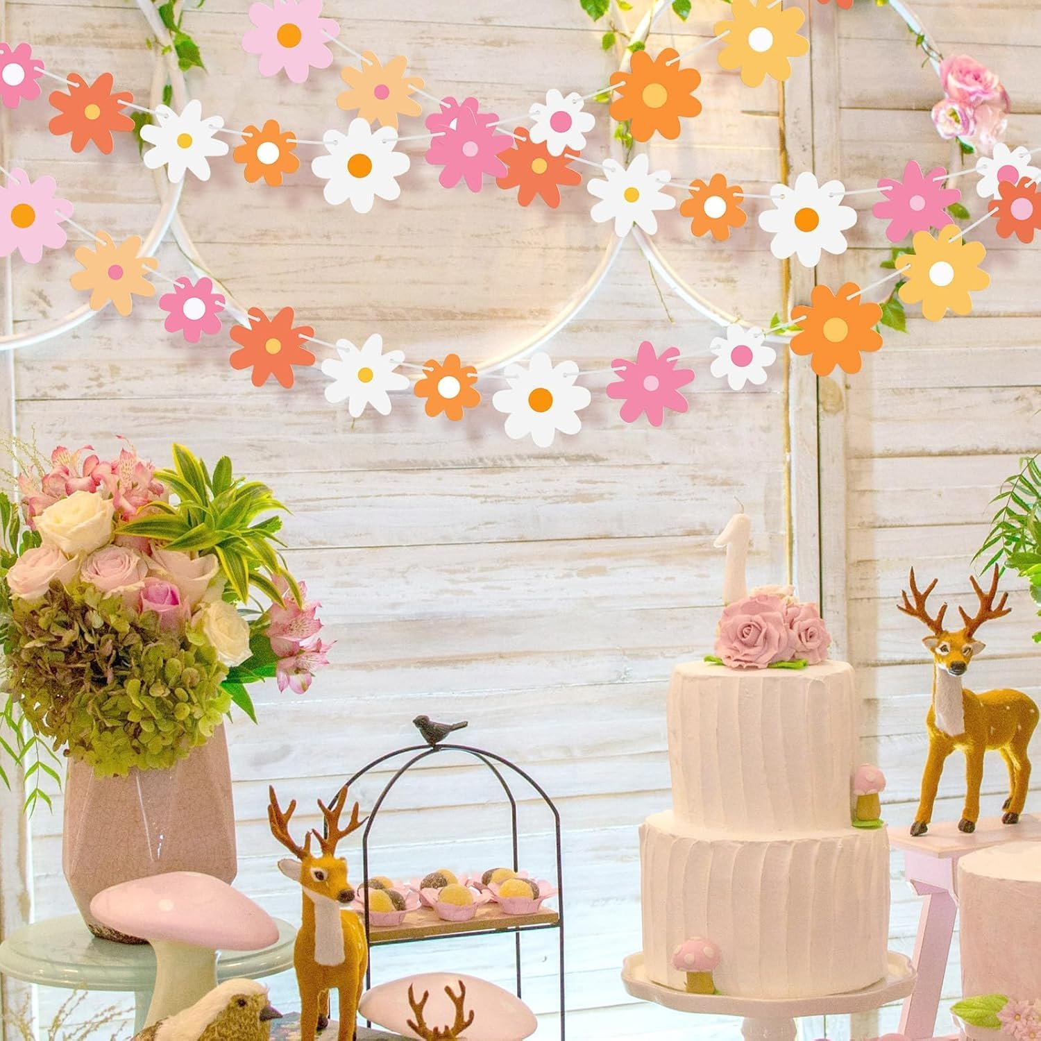 Daisy Party Banner,4 Strings Daisy Groovy Boho Party Banners,Groovy Party Favors White Daisy Decor Spring Flower Garland Daisy Paper Cutouts (Mixing Colors) - Pink image number 7