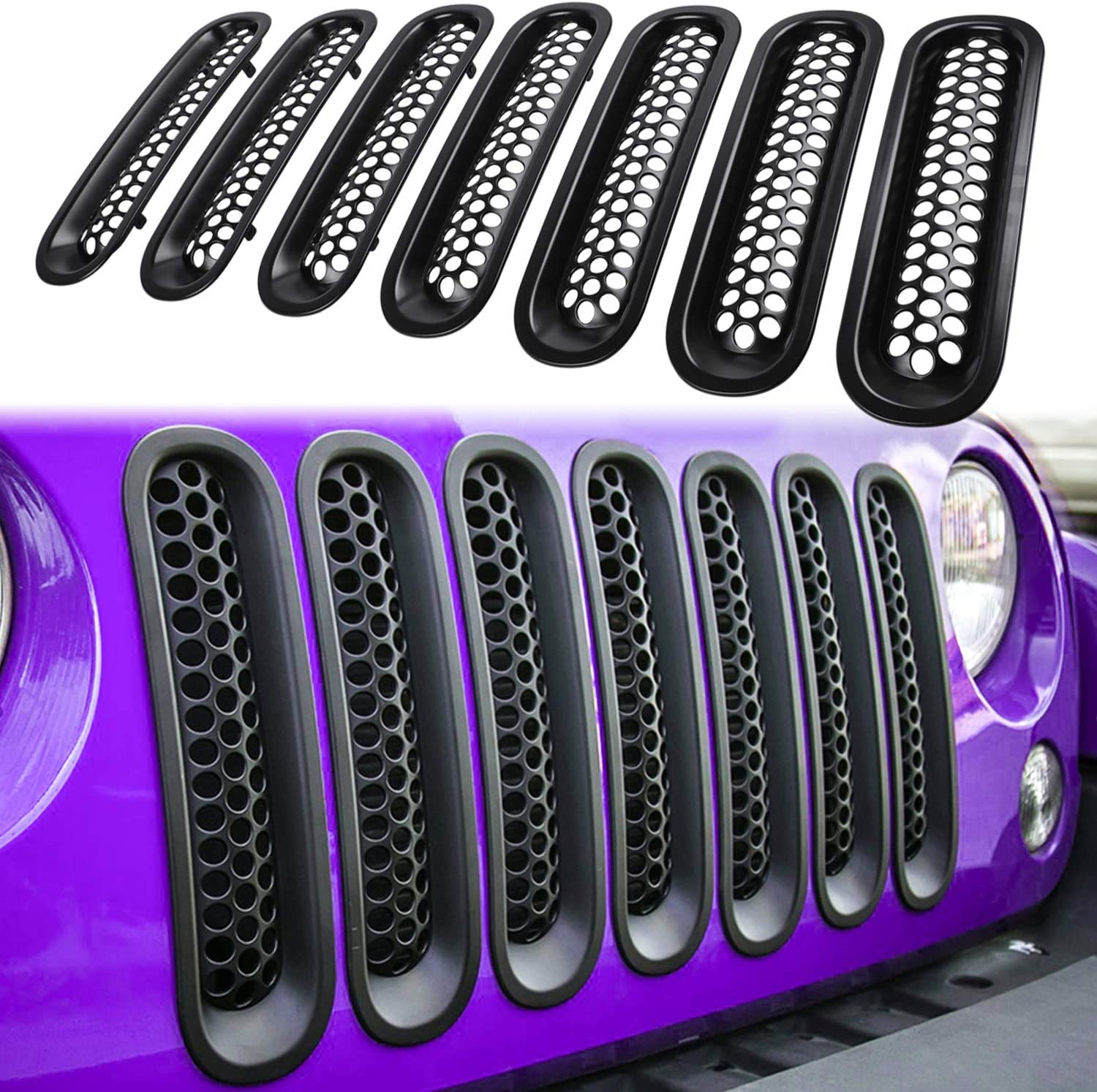 【Upgrade Matte Black Clip-In Version】 E-Cowlboy Front Grill Mesh Grille Insert Guard Kit for Jeep Wrangler JK JKU 2007-2015 (7PC/SET)