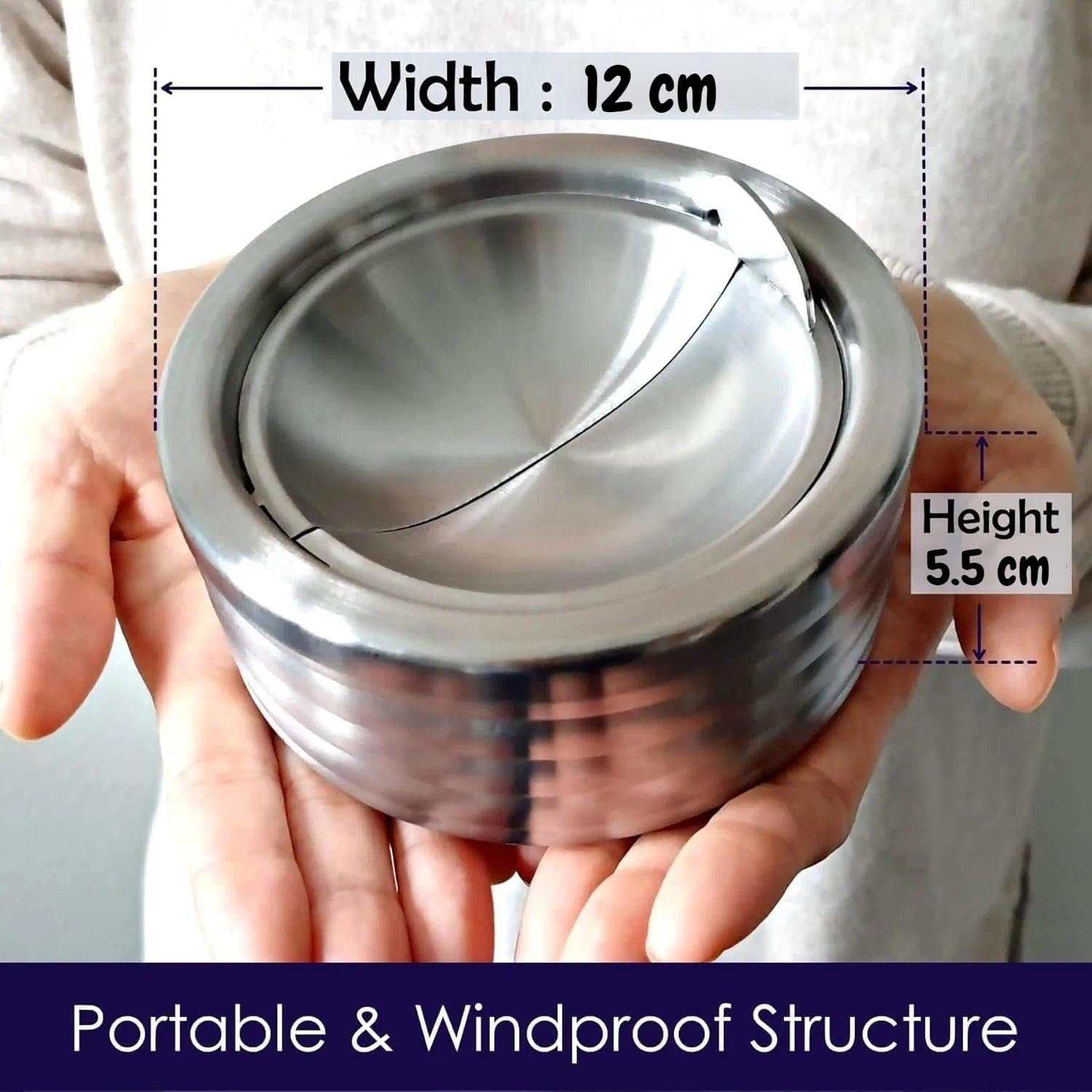 Silver Windproof Outdoor Ash Tray with Lid &ndash; Stainless Steel round Cigar Ash Tray for Indoor Outdoor Use, Portable and Smell Proof Design &ndash; Compatible with Home Car Patio &ndash; Fengea