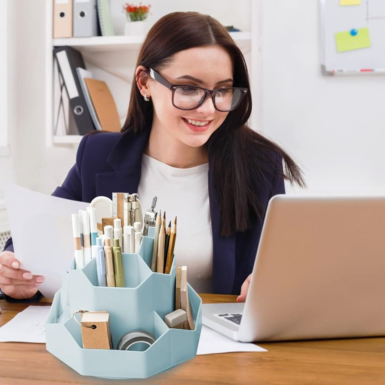 JCZD Rotating Pen Holder, Stationary Organiser, Pen Holder for Desk 9 Compartments, Upgraded Large Capacity 360&deg;Rotatable, Can Accommodate Pencils, Colored Pens, Various Stationery (Blue) image number 1