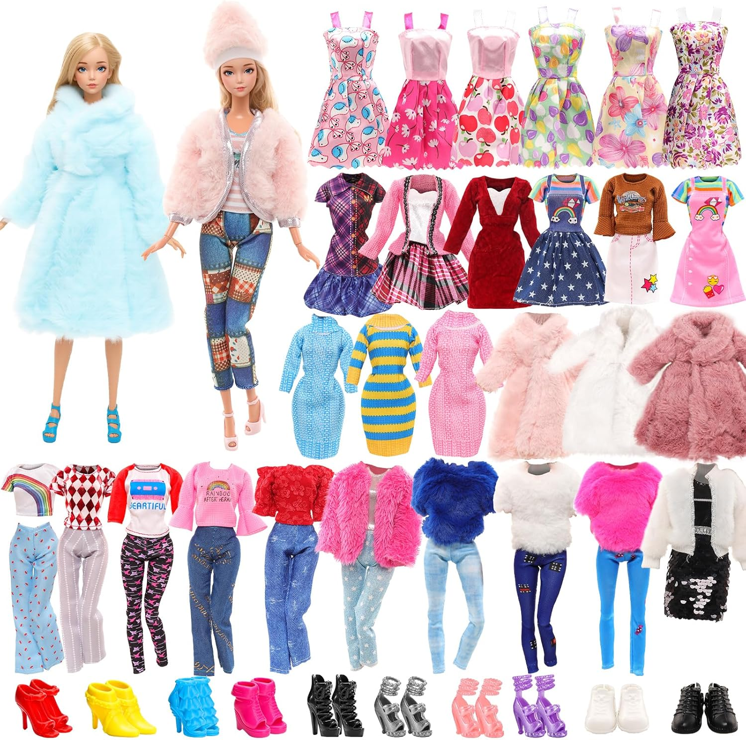 BARWA 25 Pack Doll Clothes and Accessories Handmade Including 1 Winter Coat 2 Sweater 1 Trousers Sets 3 Fashion Dresses 3 Outfits Tops and Pants 5 Mini Party Skirt and 10 Shoes for 11.5 Inch Dolls image number 1