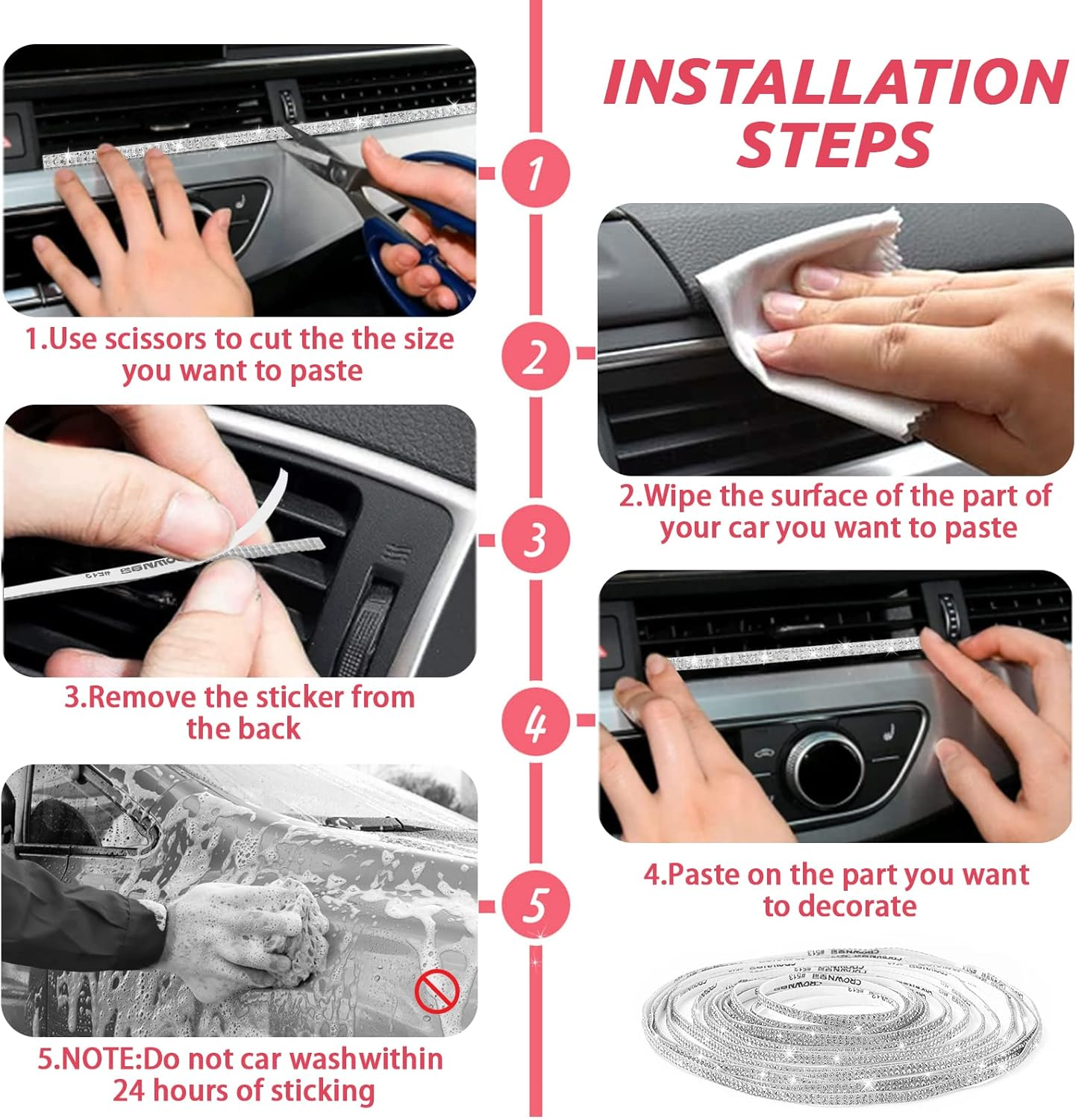 Bling Self-Adhesive Trim 16.4Ft, Rhinestone Accessories for Women, Interior Exterior Decoration, Dashboard Decorations, Door Stickers (White) image number 2