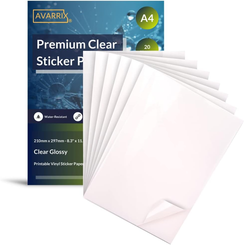 Avarrix Australia Printable Vinyl Sticker Paper for Inkjet & Laser Printer, Transparent Clear Glossy, 20 Sheets, A4 Size, Glossy Transparent Clear Sheets, Waterproof A4 Sticker Paper for Printer image number 1