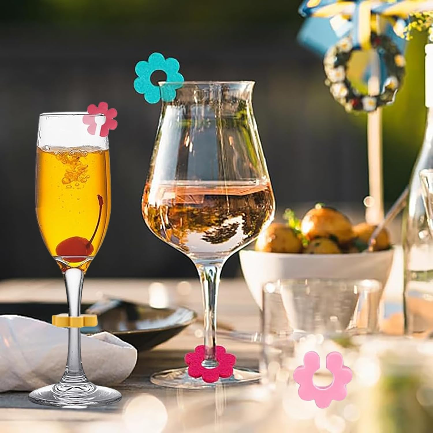 Upgraded Wine Glass Charms Markers - 24Pcs Silicone Drink Markers Glass Identifiers for Wine Glass, Plum Blossom Beer Glass Cup Label Tags for Bar Party Cocktail Champagne Martinis Flutes Glasses image number 1