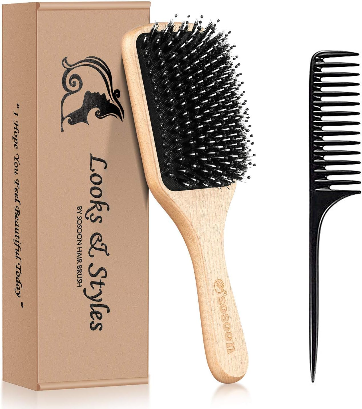 Hair Brush, Sosoon Boar Bristle Paddle Hairbrush for Long Short Thick Thin Curly Straight Wavy Dry Hair for Men Women Kids, No More Tangle, Giftbox & Tail Comb Included image number 6