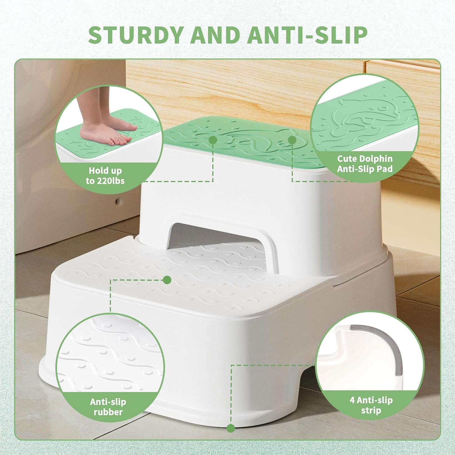 Mangohood Step Stools for Kids - Double up Toddlers Stool Multifunctional Toilet Stepping Stool for Kids Anti-Slip Step Stool for Bathroom Sink, Potty Training, Kitchen (Green-1Pack) image number 4