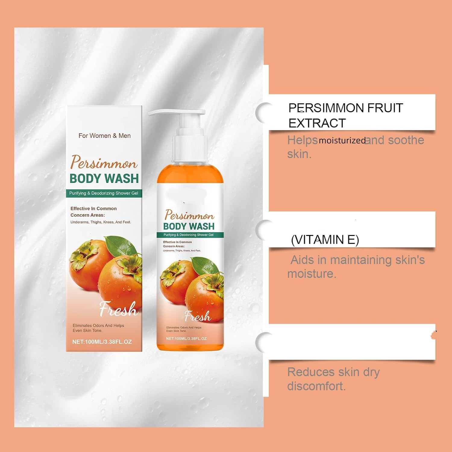 Persimmon Body Wash for Odor Control, Purifying & Deodorizing Shower Gel with Persimmon Extract, Moisturizing Body Wash for Women & Men, Cleaning, Fresh, Odor Removal, Anti-Odor (1PCS) image number 3