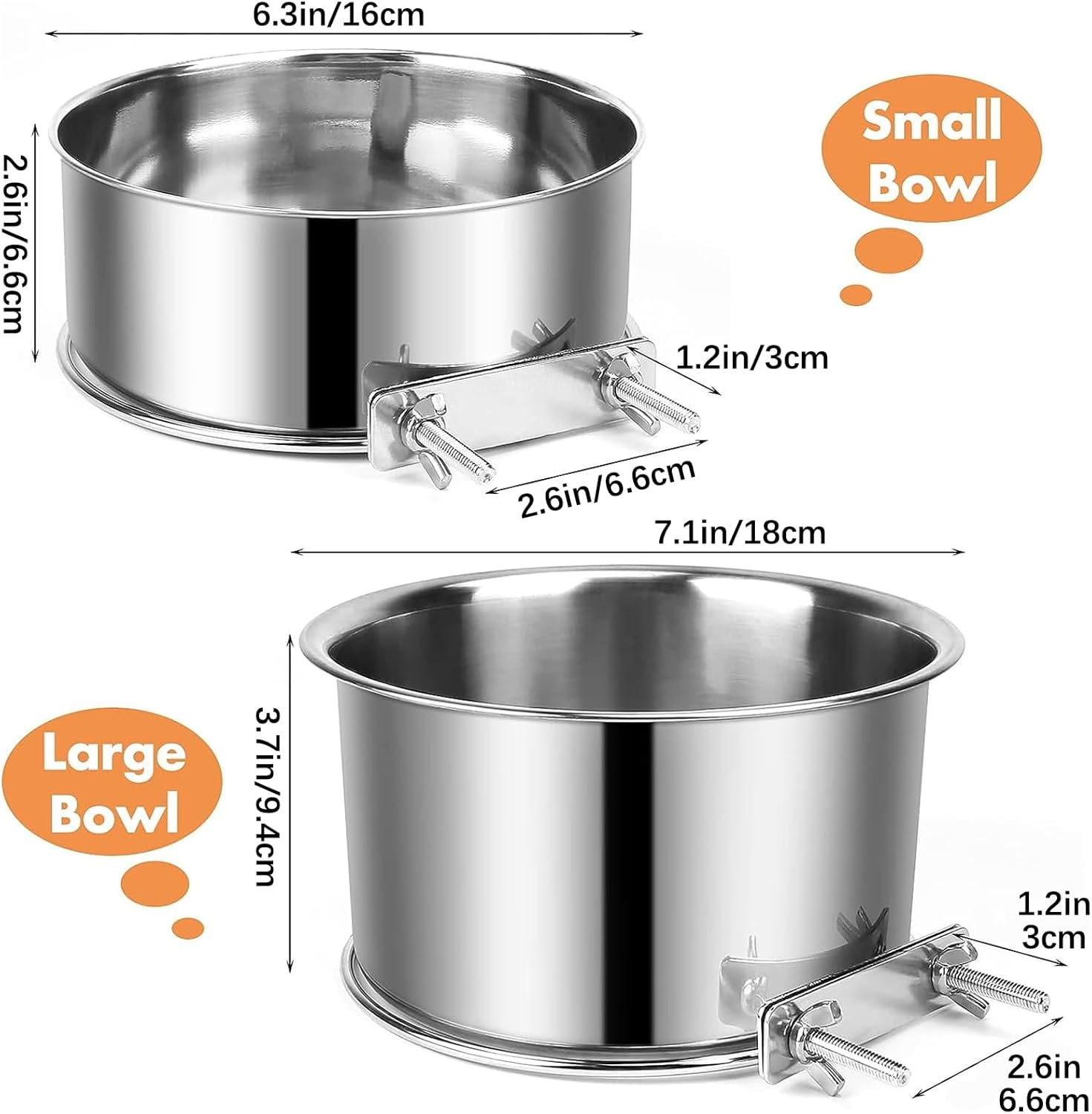 Dog Crate Water Bowl, PRENDIEEN 2 Pcs Stainless Steel Large Dog Bowls, Durable Anti-Spill Pet Metal Bowl for Cage Kennel Crate, Hanging Water/Food Bowl for Medium & Large Dogs (18X9.4 & 16X6.6Cm) image number 2