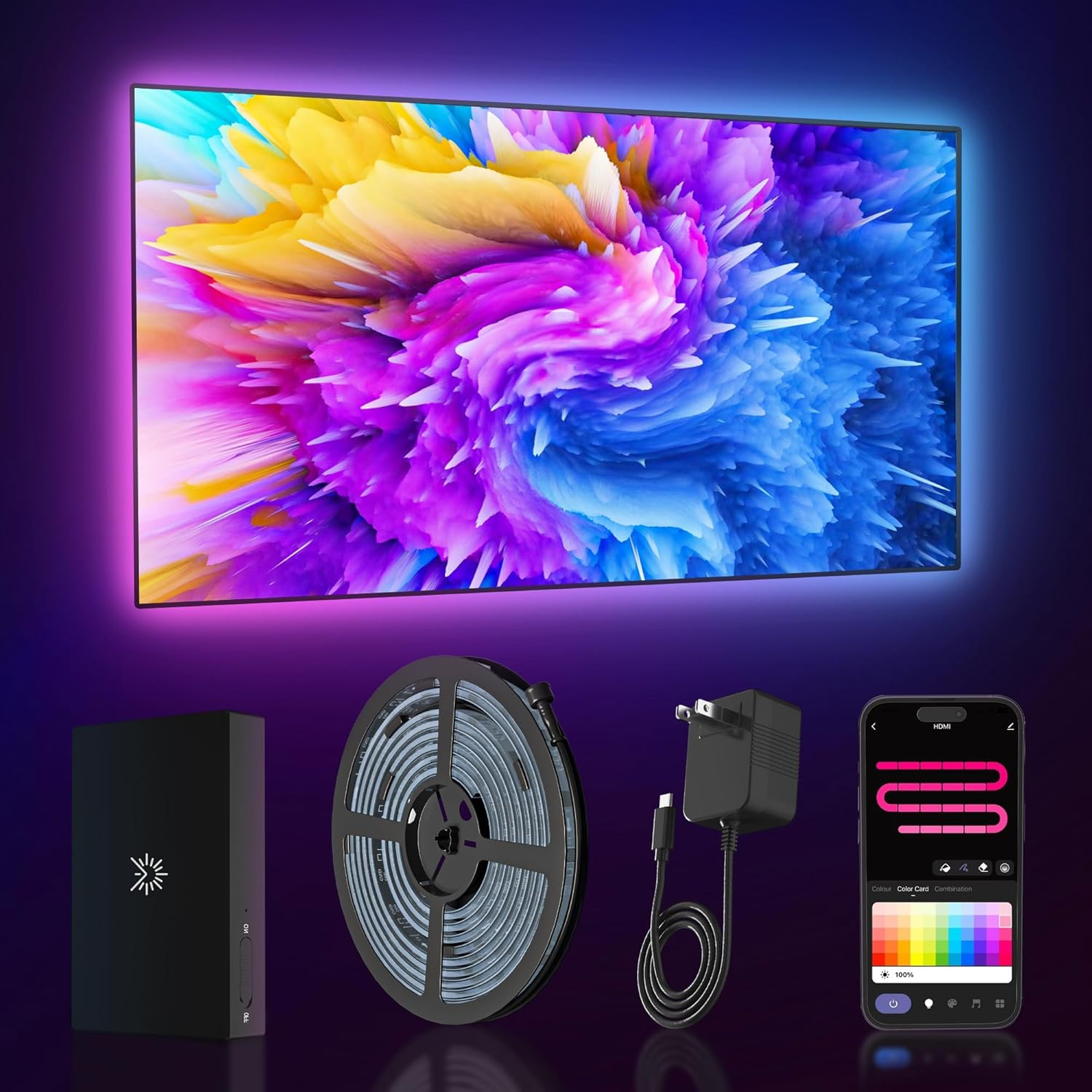 Azoula - 55-65 Inch TV Backlight LED Strip Lights, HDMI 2.0 Sync Box RGB+IC Wi-Fi, Music Sync Backlight, Compatible with Alexa Google Assistant App Contro image number 5