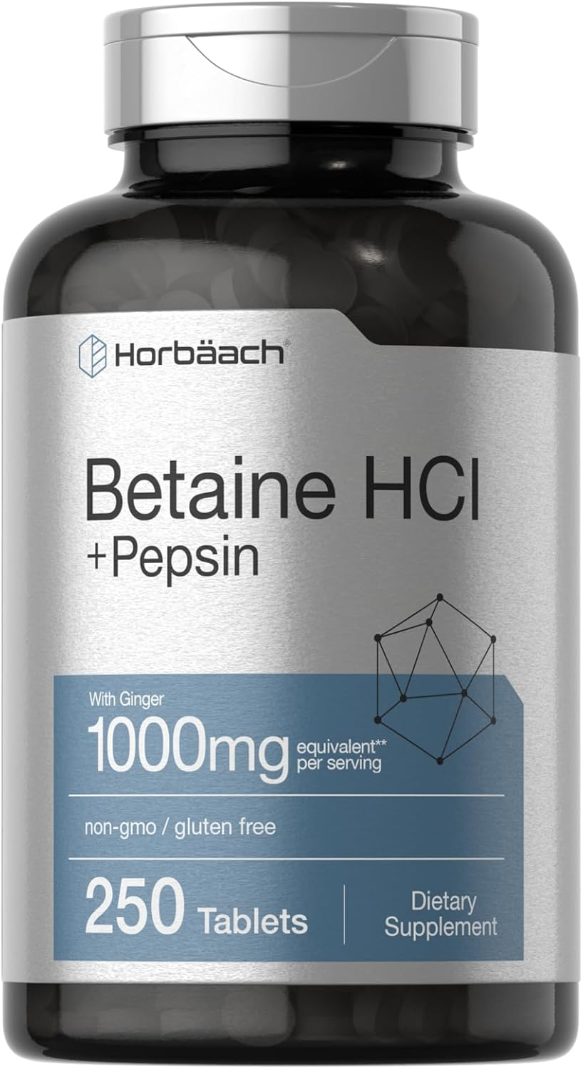 Betaine Hcl with Pepsin | 1326Mg | 250 Capsules | Betaine Hydrochloride Supplement | with Protease | Non-Gmo, Gluten Free, Vegetarian | by Horbaach image number 1