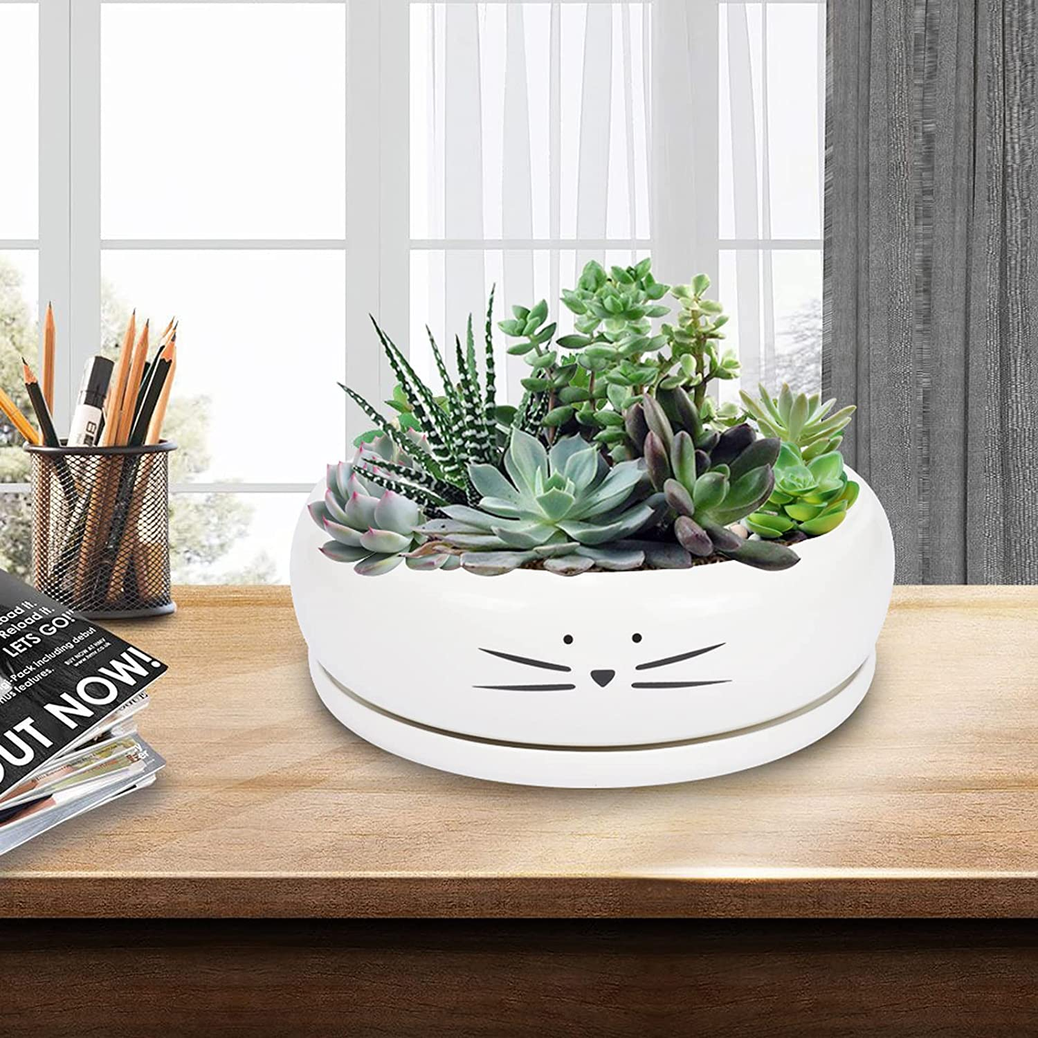 Koolkatkoo 8 Inch Large Cute Cat Ceramic Succulent Planter Pots with Removable Saucer Unique Porcelain Cactus Planters Decorative Flower Pot for Cat Lovers White image number 4