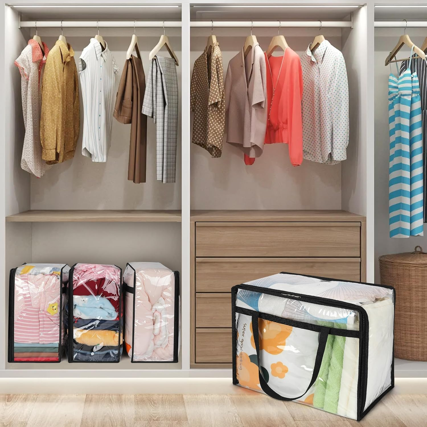 4 Pack Clear Plastic Clothes Storage Bags, 40L Blanket Storage Bag，Foldable Moving Bags with Zipper for Clothes, Reinforced Handle for Loft Wardrobe for Bedding, Comforters, Dolls image number 4