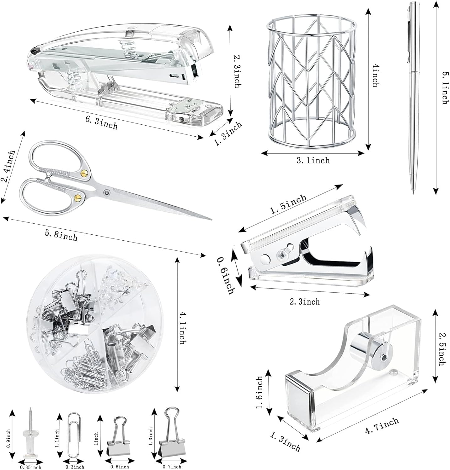 FACAICAI Rose Gold Desk Accessories，Office Supplies Set Acrylic Stapler Set Staple Remover, Tape Holder, 2 Ballpoint Pen, Scissor, Binder/Paper Clips and 1000Pcs Staples (Silver) image number 3