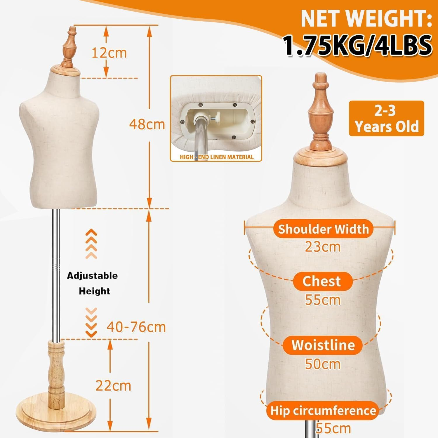 LIODUX Kid Dress Form, Adjustable Child Mannequin with Wooden Base, Child Mannequin, Models Girl and Boy Display Kids Unisex Manikin for Sewing Dressmakers Jewelry Display (2-3 Years Old) image number 3