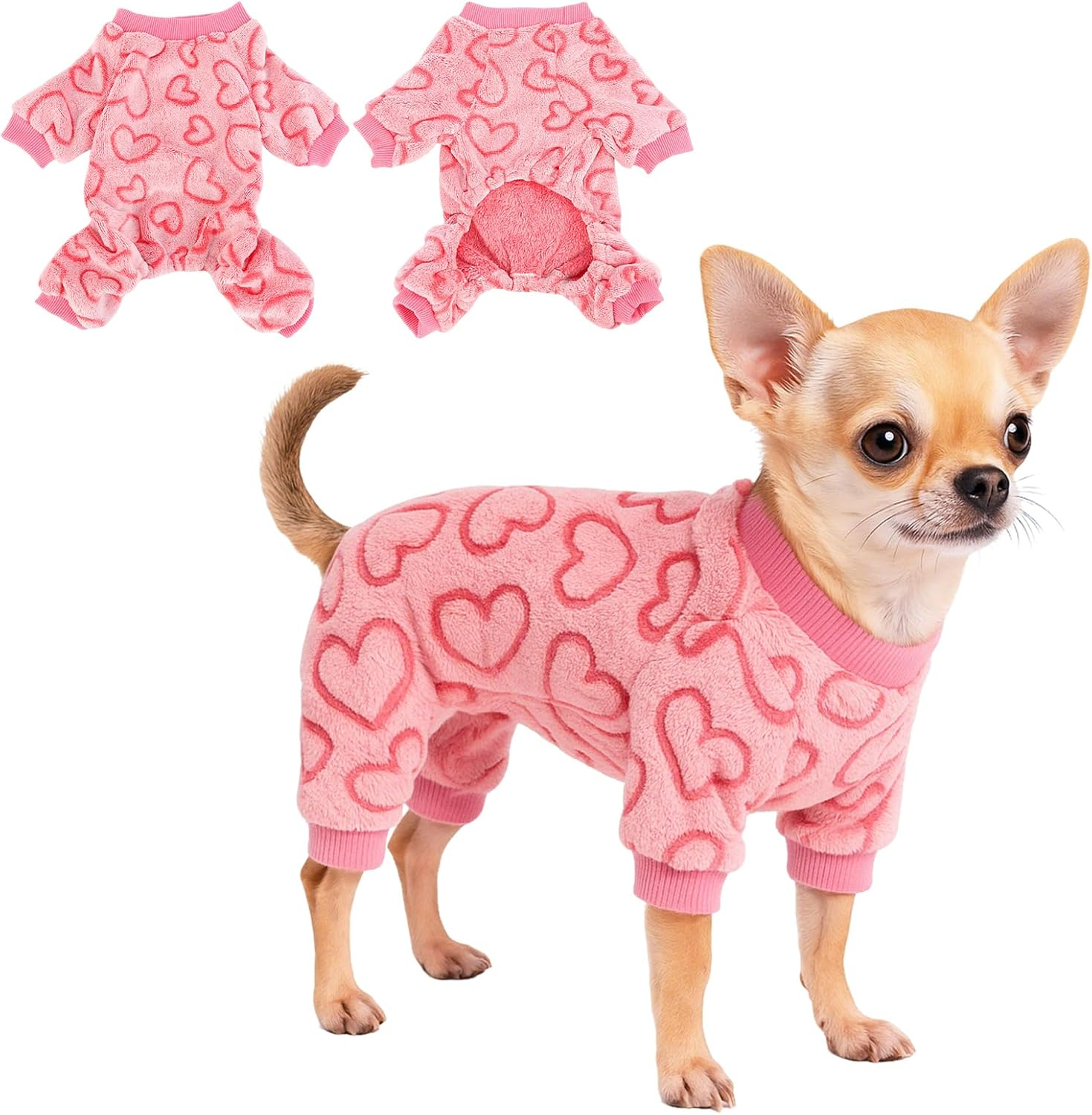 Yoolhamy Dog Pajamas for Small Dogs Cats Fleece Sweater Heart Onesie Clothes Soft Pink Pajamas Romper Four Legged Dog Sleepwear for Puppy Chihuahua Yorkie (Pink Heart, XXL image number 5