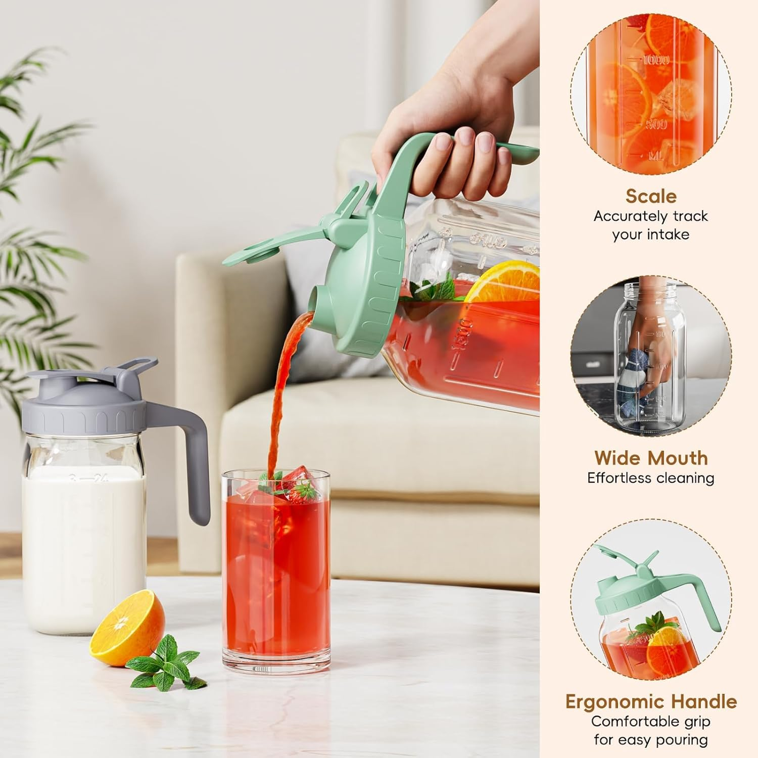 950ML Glass Pitcher with Lid, Breast Milk Pitcher Jug, Glass Mason Jar Airtight Pitcher with Pour Spout Handle for Breastmilk image number 4