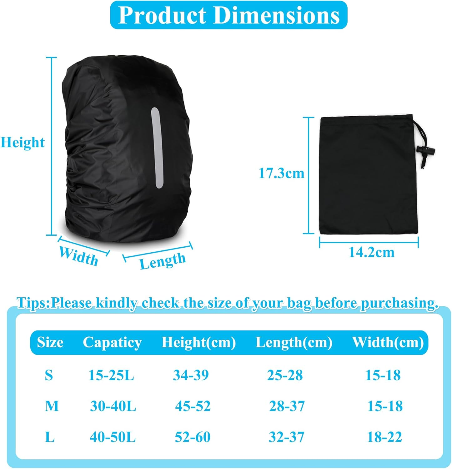 Rain Cover for Backpacks with Reflective Strips, 15L-50L Waterproof Backpack Rain Cover with Storage Bag, Rain Cover School Bag for Hiking, Camping, Travel, Cycling