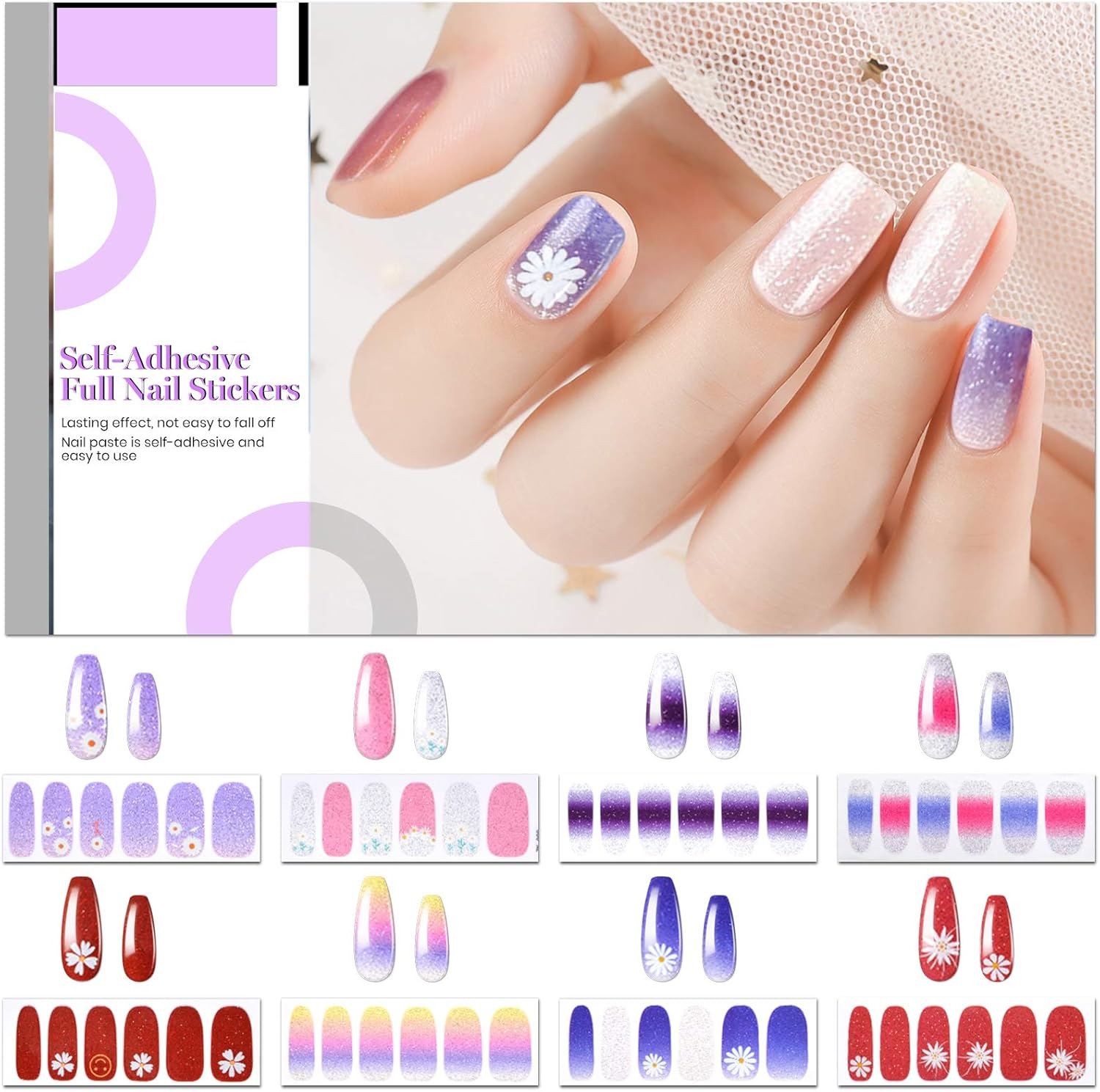 22 Sheets Full Wraps Nail Polish Stickers with Nail File, EBANKU Pure Color Shine Flower Self-Adhesive Nail Art Decals Strips Manicure Kits Nail Art Designs for Women Girls image number 3