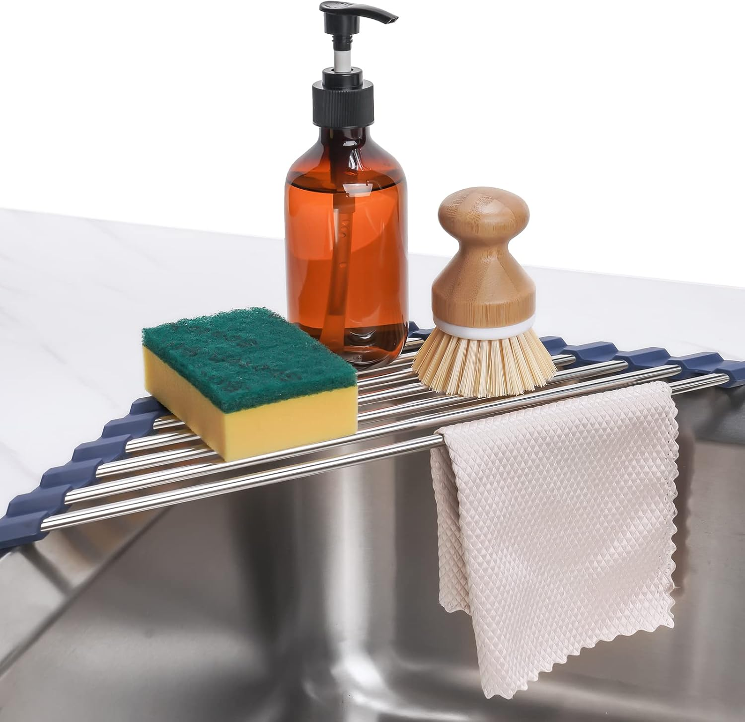 Tomorotec Triangle Roll-Up Dish Drying Rack for Sink Corner Small Foldable Stainless Steel over the Sink Multipurpose Kitchen Drainer Caddy Trivet Rustproof Organizer Storage Space Saver Shelf (Black)