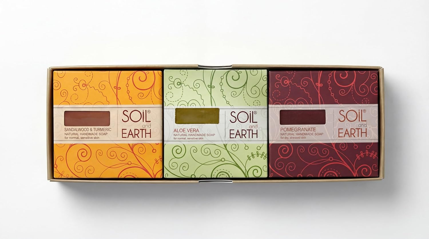 Handmade Natural Cold-Pressed Soap Gift Box- SANDALWOOD, ALOEVERA, POMEGRANATE- NO SILICONES & PARABENS, 3 X 125 Gm/ 4.4 Oz.