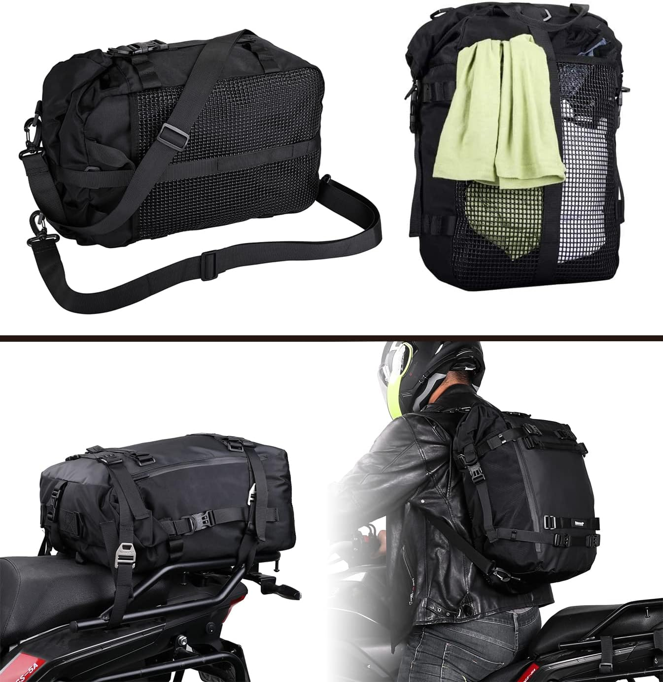 Motorcycle Tail Bag, 30L Black Multifunctional Rear Rack Trunk Seat Bag, Pannier Saddle Bag, Combinable Backpack image number 6