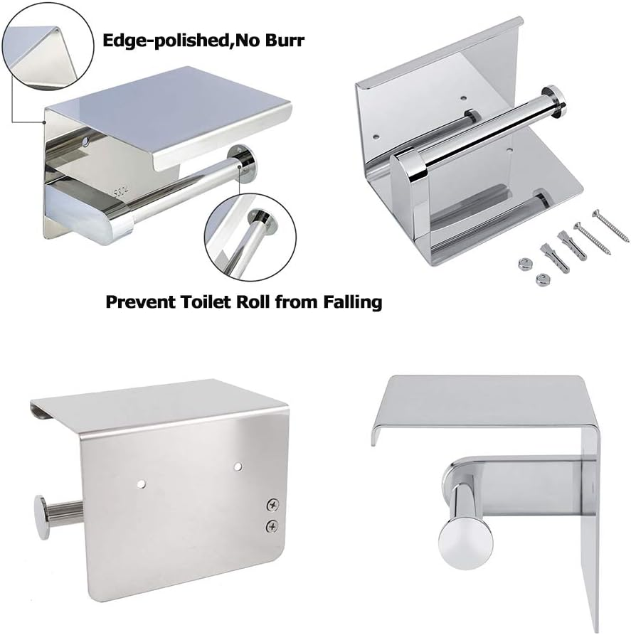 TOWOMO Toilet Paper Roll Holder with Shelf, Two Installation Methods Drill or No Drilling Adhesive Wall Mounted SUS304 Stainless Steel Tissue Dispenser