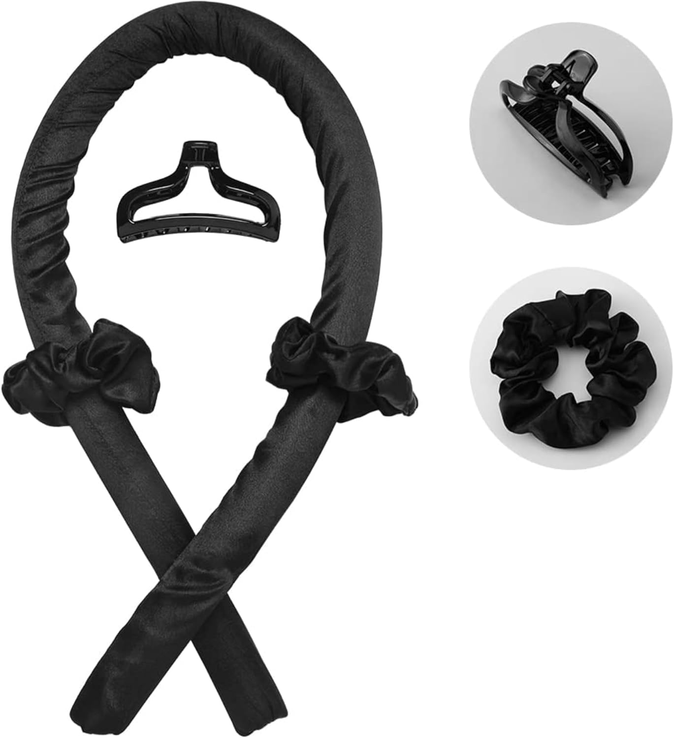 Soft Satin Heatless Hair Curler Set | 1 Curling Rod with 2 Silk Scrunchies & 1 Hair Claw Clip for Effortless Overnight Curls, Heat-Free Styling Tool for All Hair Types (Black, One Size) image number 6