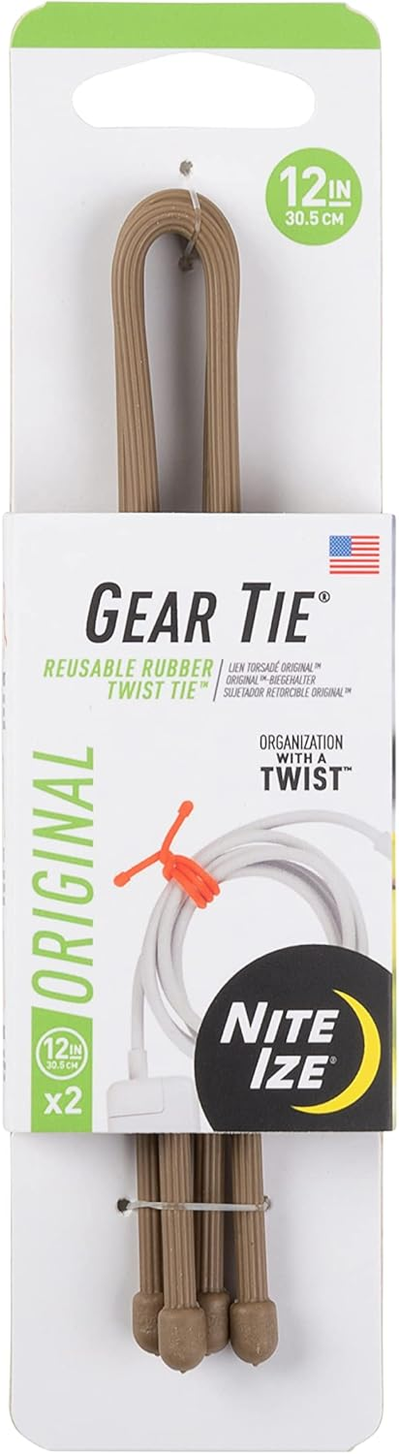 Nite Ize GT12-01-2R3 Original Gear, Reusable Rubber, 12 Inch, Black, 2-Pack, Made in the USA Twist Tie, 2 Count (Pack of 1)