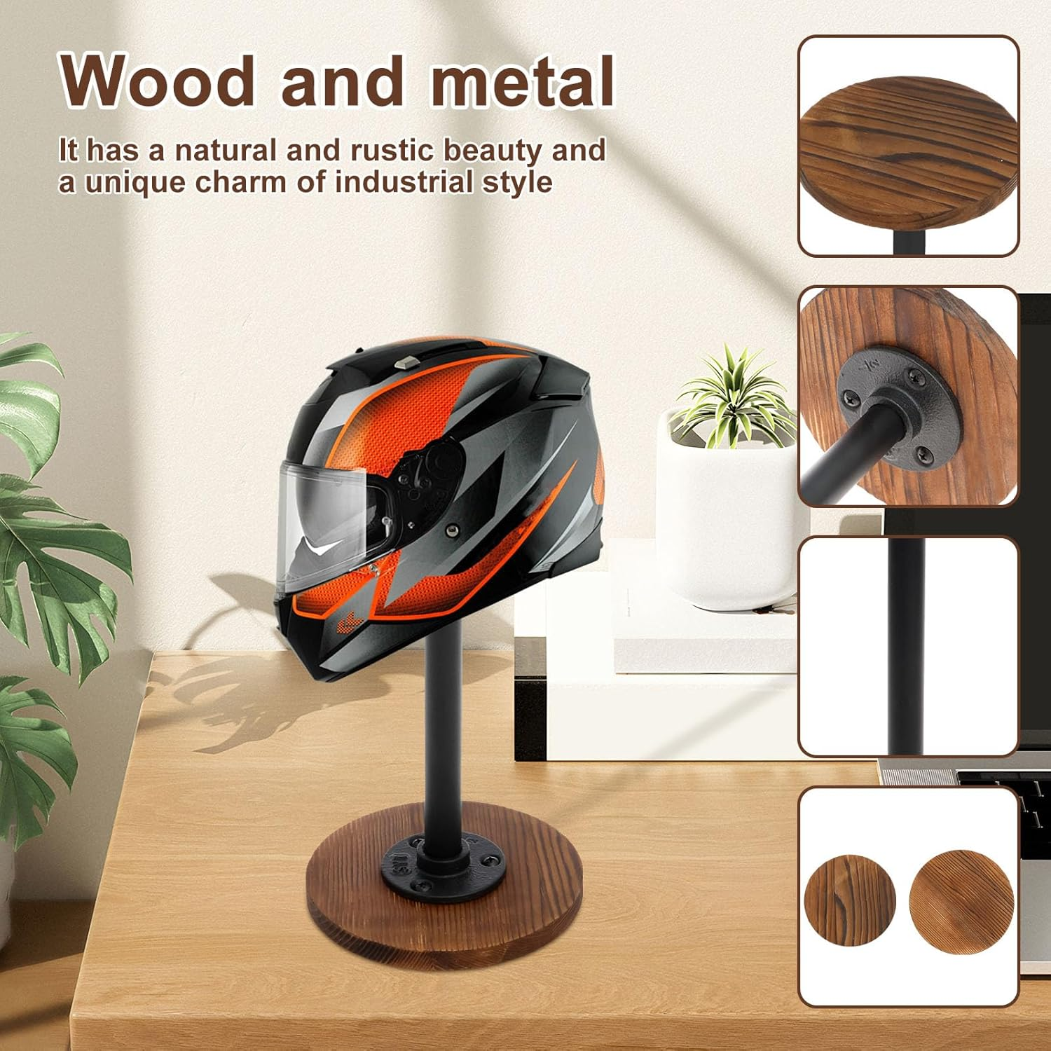 Hat Stand and Wig Display Rack, Burnt Wood Hat Holder Stand, Adjustable Height Hat Holder, with Industrial Metal Pipe Industrial Style Wig Rack, Stable Jewelry Display, Riser Tabletop Helmet image number 5