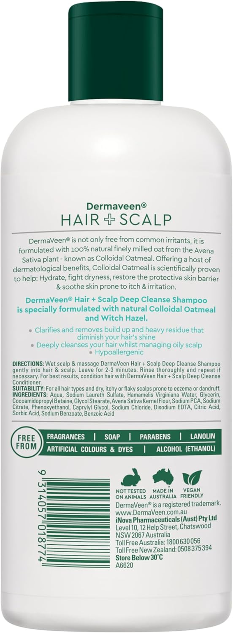 Dermaveen Hair + Scalp Deep Cleanse Shampoo 500 Ml | Soothes Sensitive Scalps and Deeply Cleanses Oily Hair, Boosted with Oatactiv+ (6 in 1 Skin Benefits) and Witch Hazel