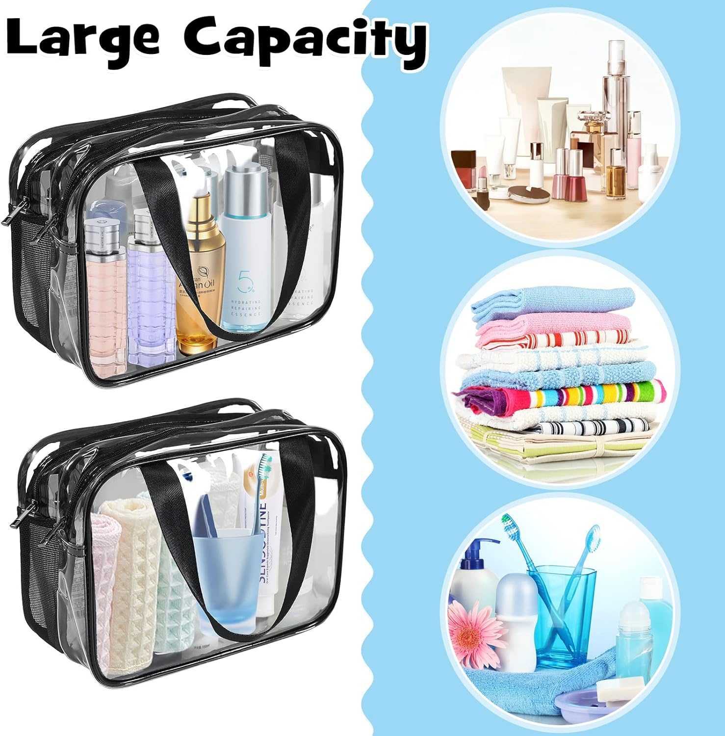 Hysagtek Clear Cosmetics Bag Toiletry Shower Bag, Large Travel Bag for Toiletries with Zipper, Waterproof & Draining PVC Makeup Tote Bag Bathroom Mesh Caddy for Gym Travel Business Camping Beach Spa, Black, Clear