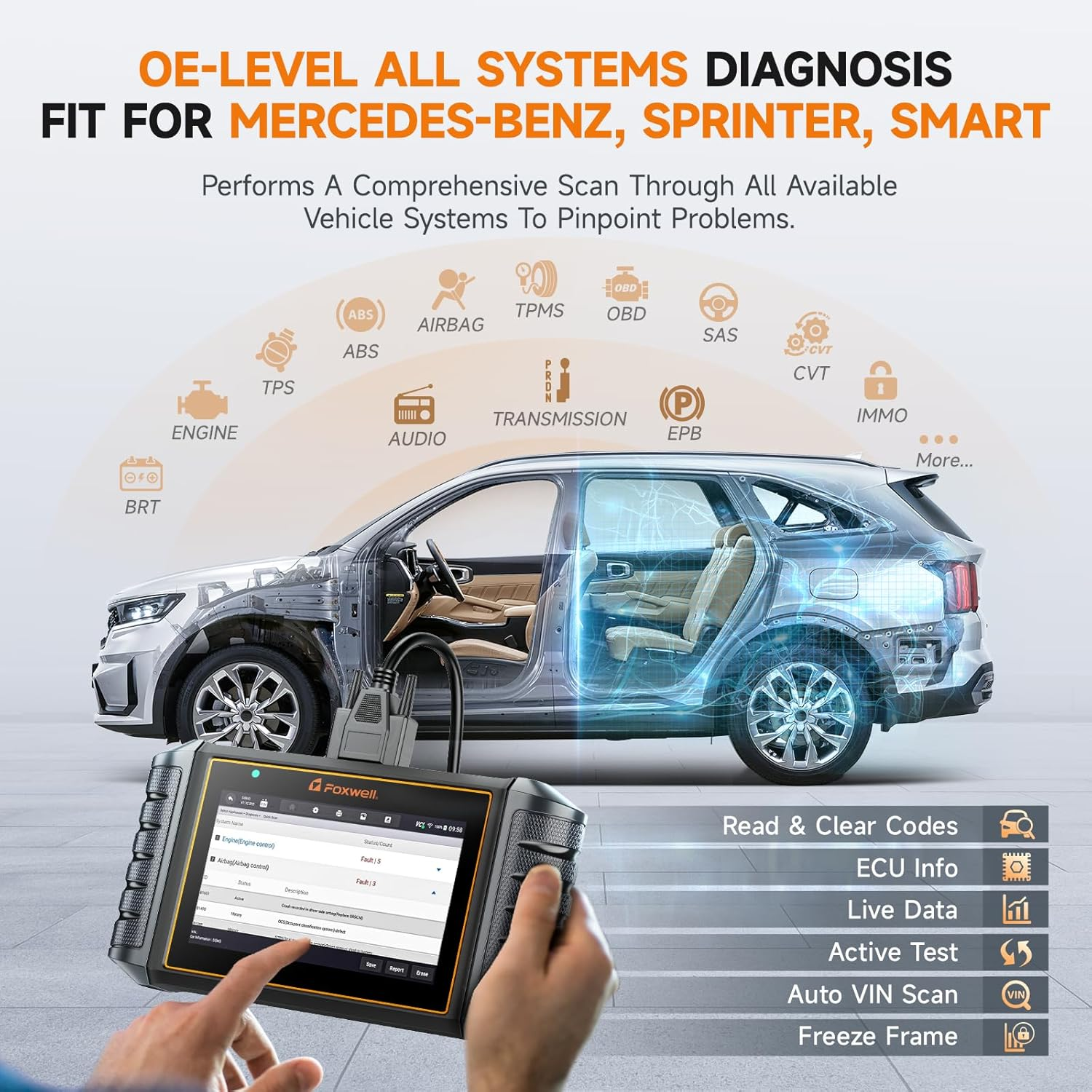 FOXWELL NT710 Fit for Mercedes-Benz MB Sprinter Diagnostic Tool, Full System OBD2 Scanner Bidirectional Control, Air Suspension ABS SRS ESP BAS A/C Code Reader, All Service Oil EPB Reset CKP Relearn image number 4