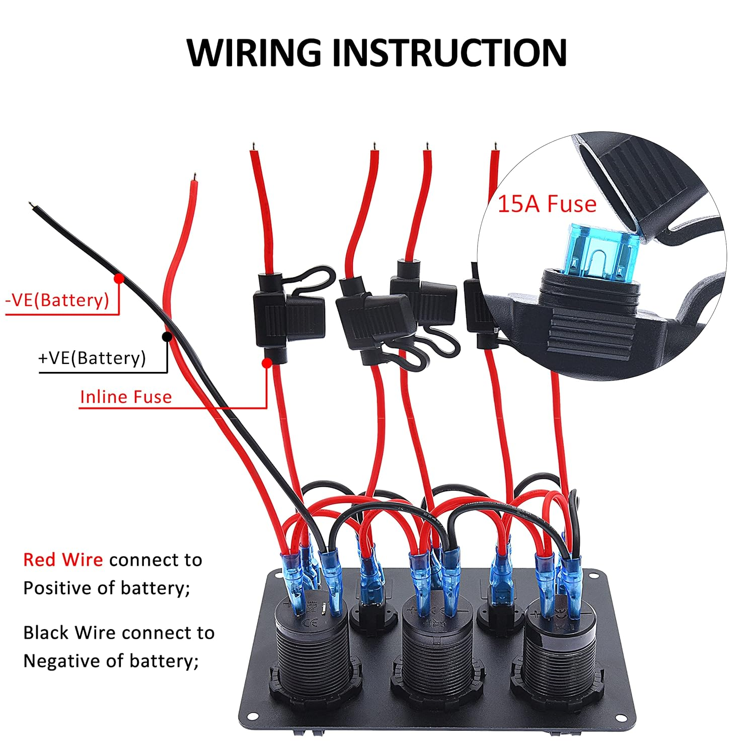 Boat 5 Gang Rocker Switch Panel for Car Rv Truck Marine Toggle Switches Waterproof 12V RED LED Aluminum Socket Panel with 4.2A Dual USB Charger + Cigarette Lighter + Voltmeter (5Gang RED) image number 5