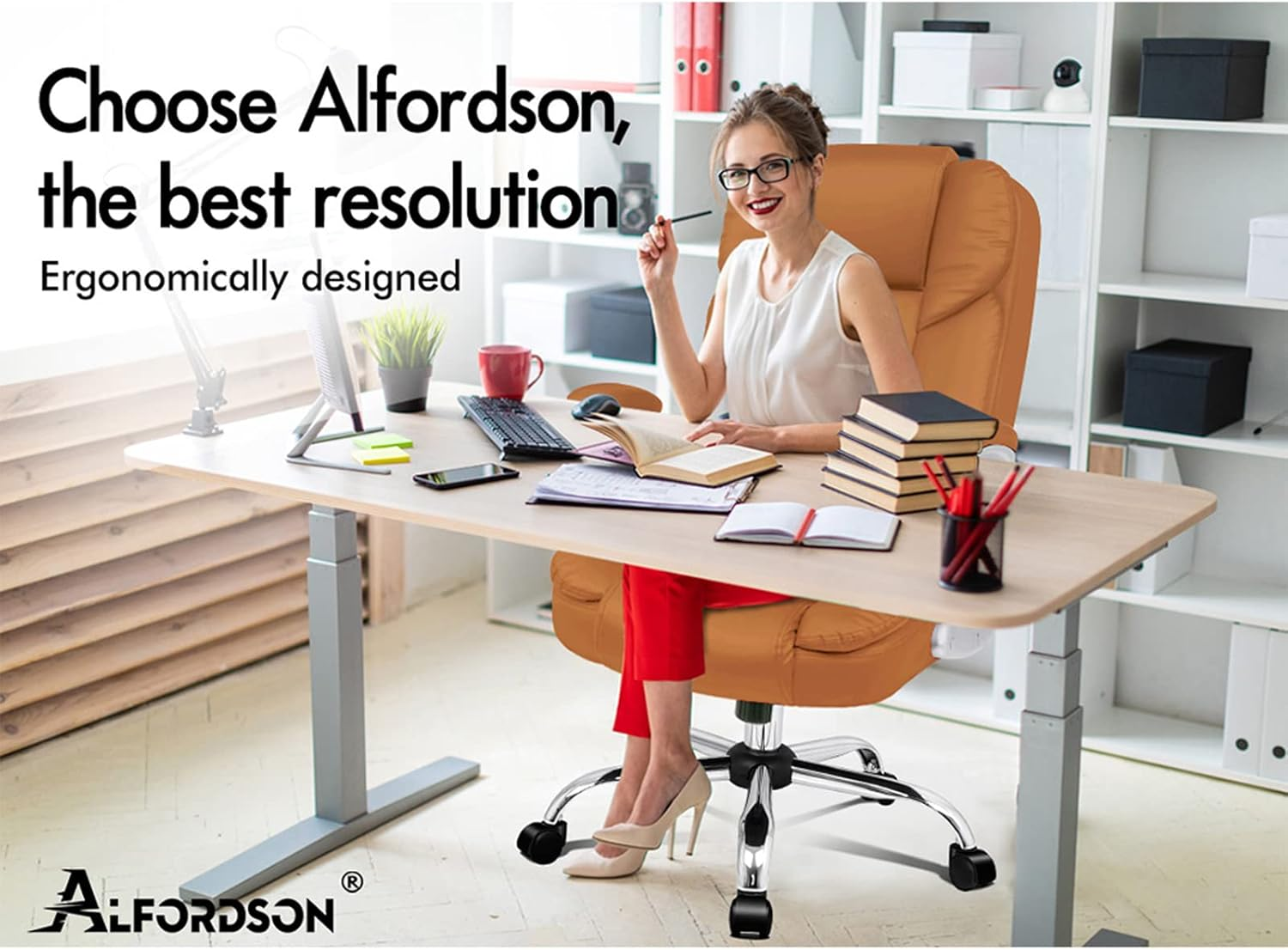 ALFORDSON Executive Office Chair, Ergonomic Computer Home Desk Chair with Adjustable Armrests, Swivel High Back Leather Video Game Chairs (Saxon Brown) - Black image number 4