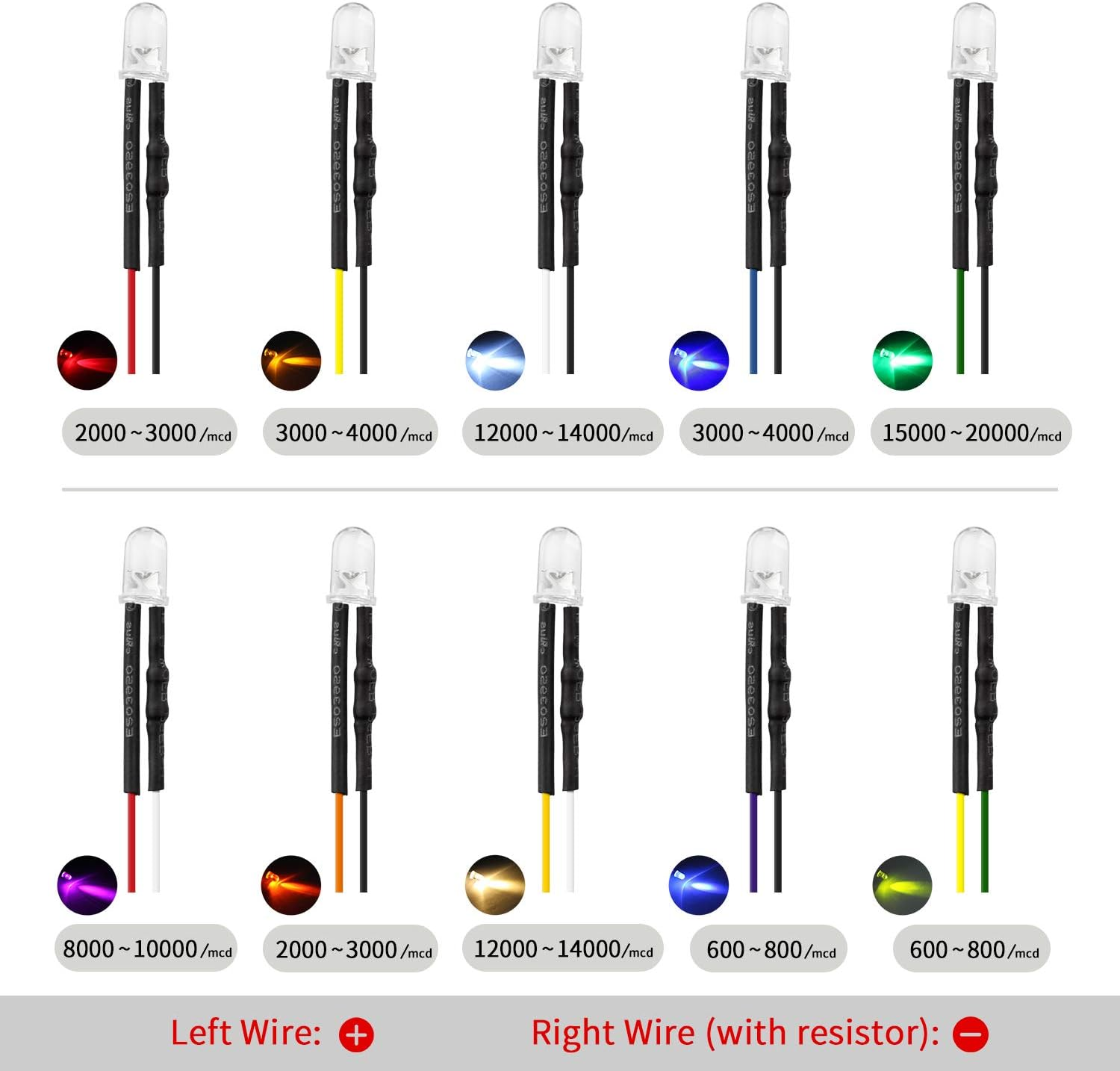 Dicuno 100Pcs(10 Colors X 10Pcs) 5Mm 12V Prewired LED Light Emitting Diode round Head LED Lamp Assorted Color Diodes Resistor Kit image number 5