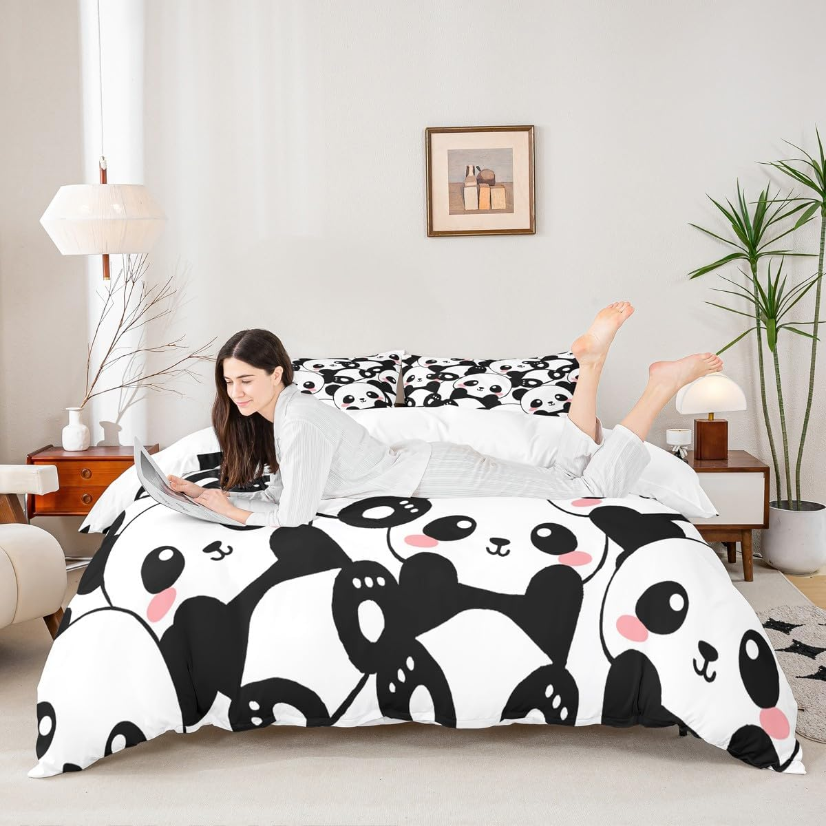 Erosebridal Kid Duvet Cover Twin, Cute Panda Bedding Set for Bedroom Decor, Kawaii Black White Bear Comforter Cover, Giant Panda Bedding Comforter Set, Cartoon Bedding Set for Childern Boys Girls image number 6