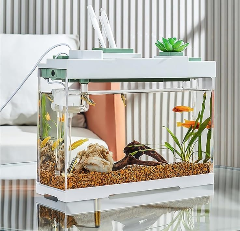 Tabletop Storage Fish Tank - 2 Gallon (9L) Extremely Narrow High Definition Acrylic Aquarium with Silent Pump Filtration System and LED Lights (Greener) image number 3