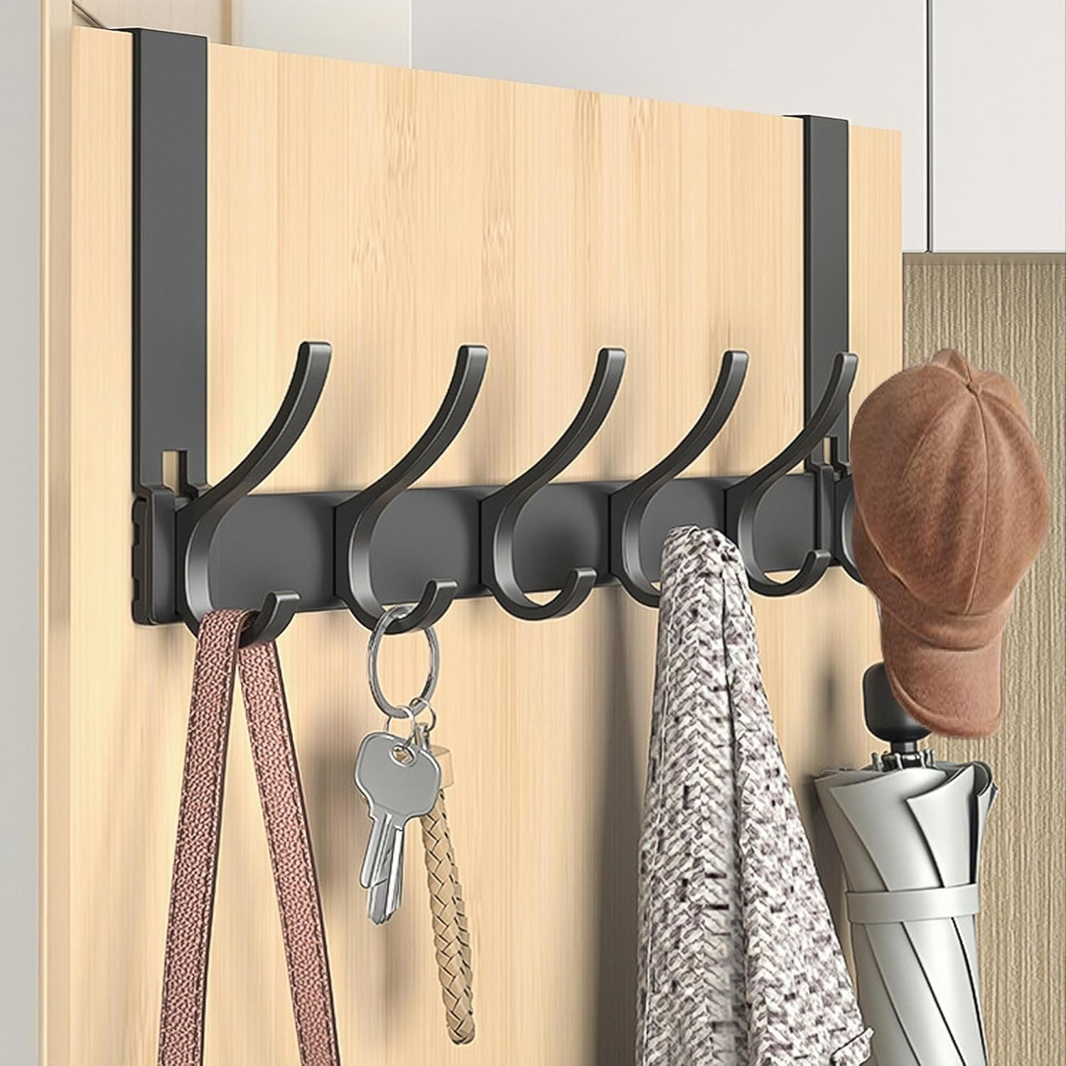 Over the Door Hook Hanger with 6 Double Coat Hooks over the Door, over the Door Towel Rack, Towel Rack behind Bathroom Bedroom Closet Door for Hanging Clothes, Towels, Hats, Etc. (Matte Gray) image number 2