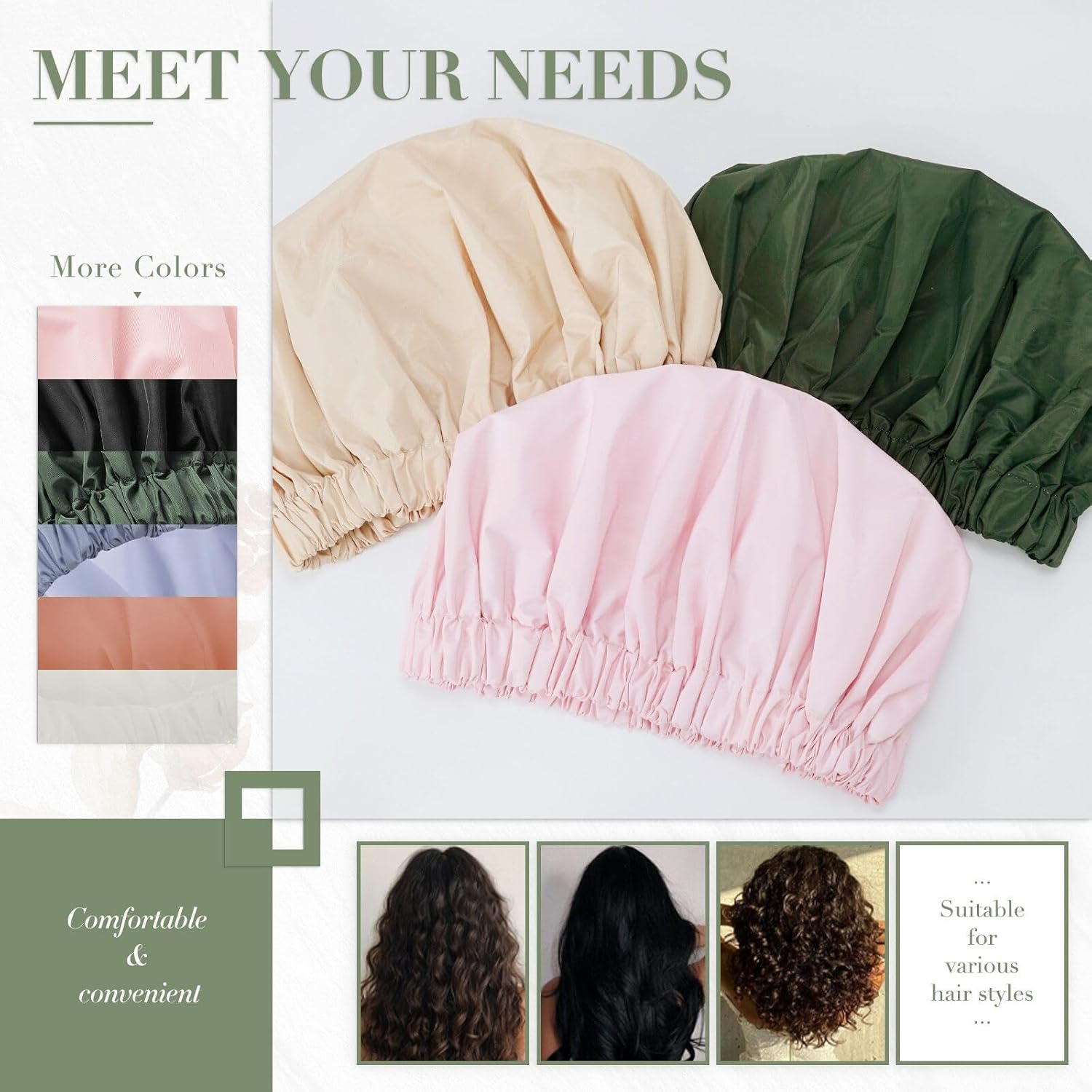 Reusable Shower Cap for Women, Large Waterproof Shower Bonnet Washable Elastic Band Bath Hair Hat for Long Hair, Braids(Green) - Blackgray image number 3