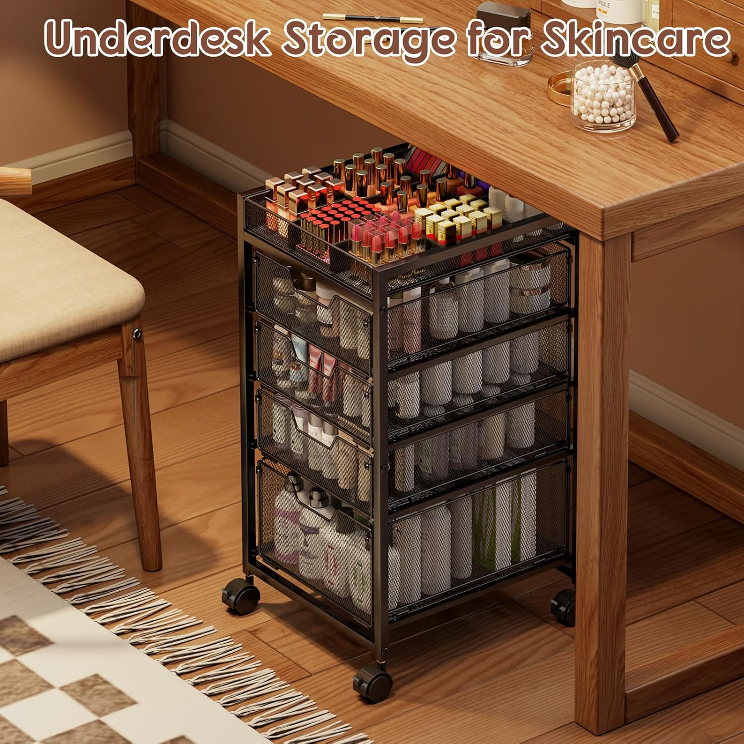 5-Tier Rolling Makeup Cart Organizer with 4 Drawers, Cosmetics Display with Dividers, Floor Skincare Storage with Wheels, Versatile Vanity Organizer for Nail Polish Perfume Brush Hair Tool, Black image number 1